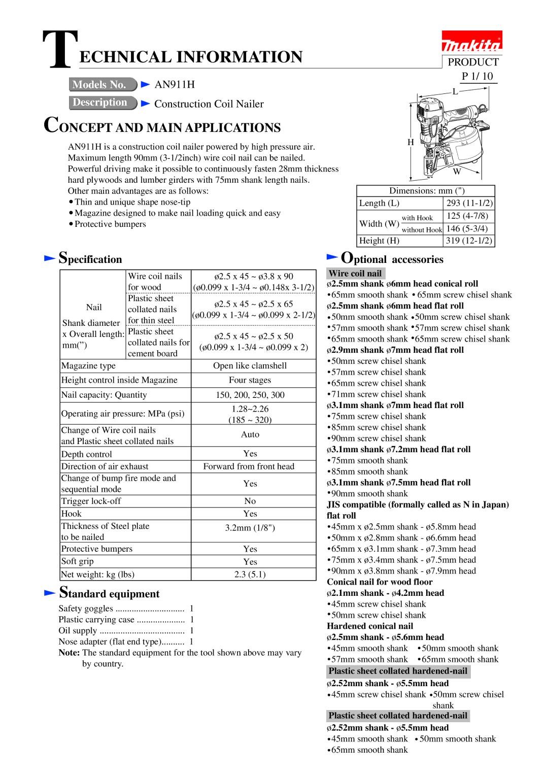 Makita AN911H specifications Specification, Standard equipment, Optional accessories 