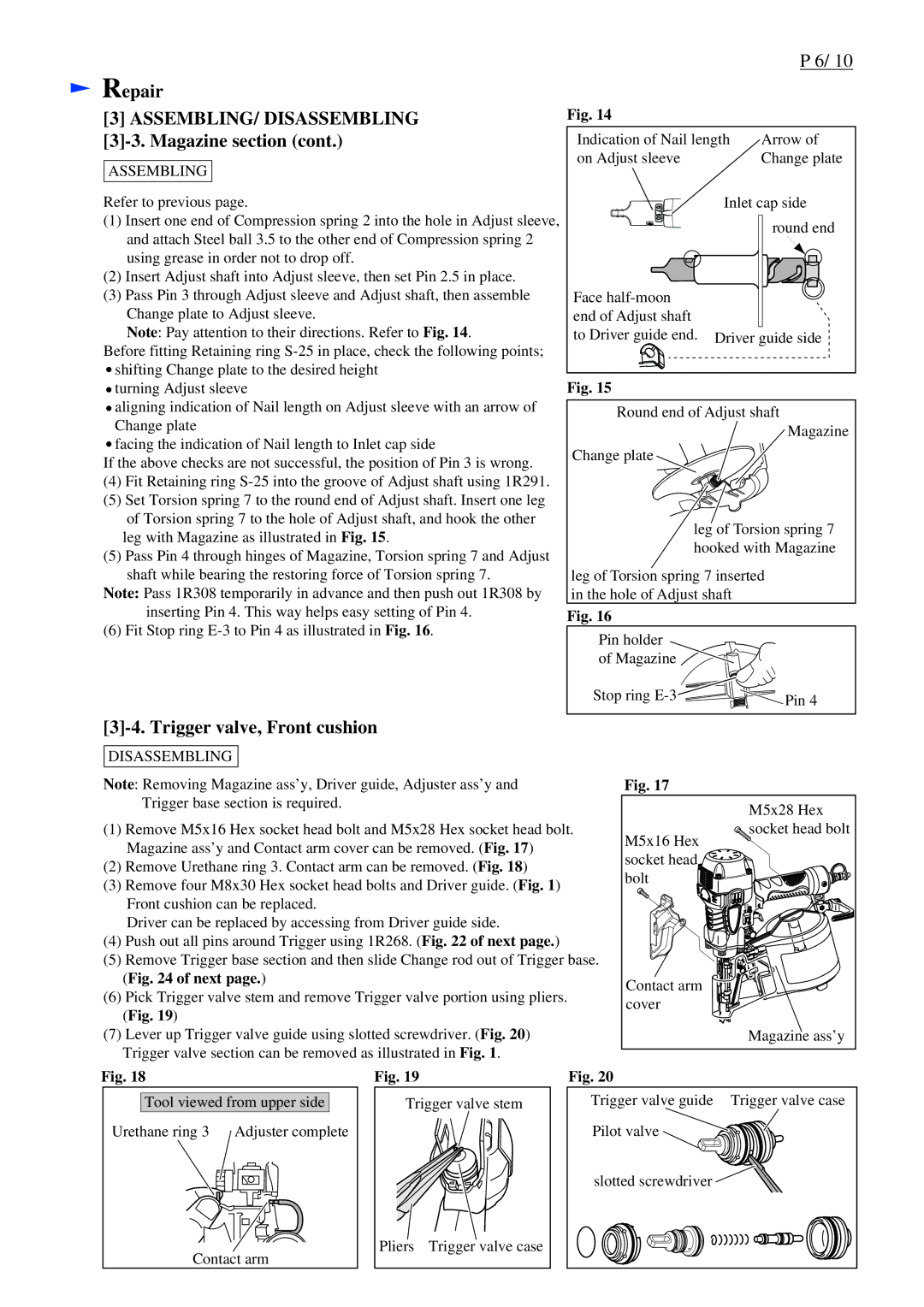 Makita AN911H specifications Repair ASSEMBLING/ Disassembling 3-3. Magazine section, Trigger valve, Front cushion 