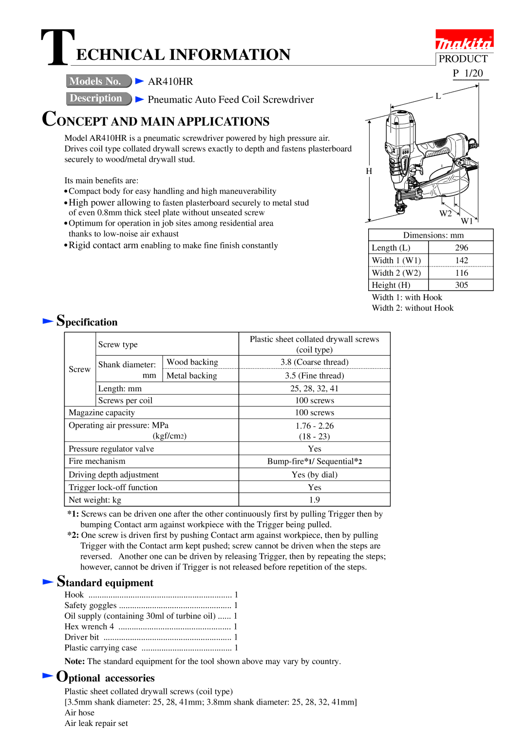 Makita AR410HR dimensions Specification, Standard equipment, Optional accessories 