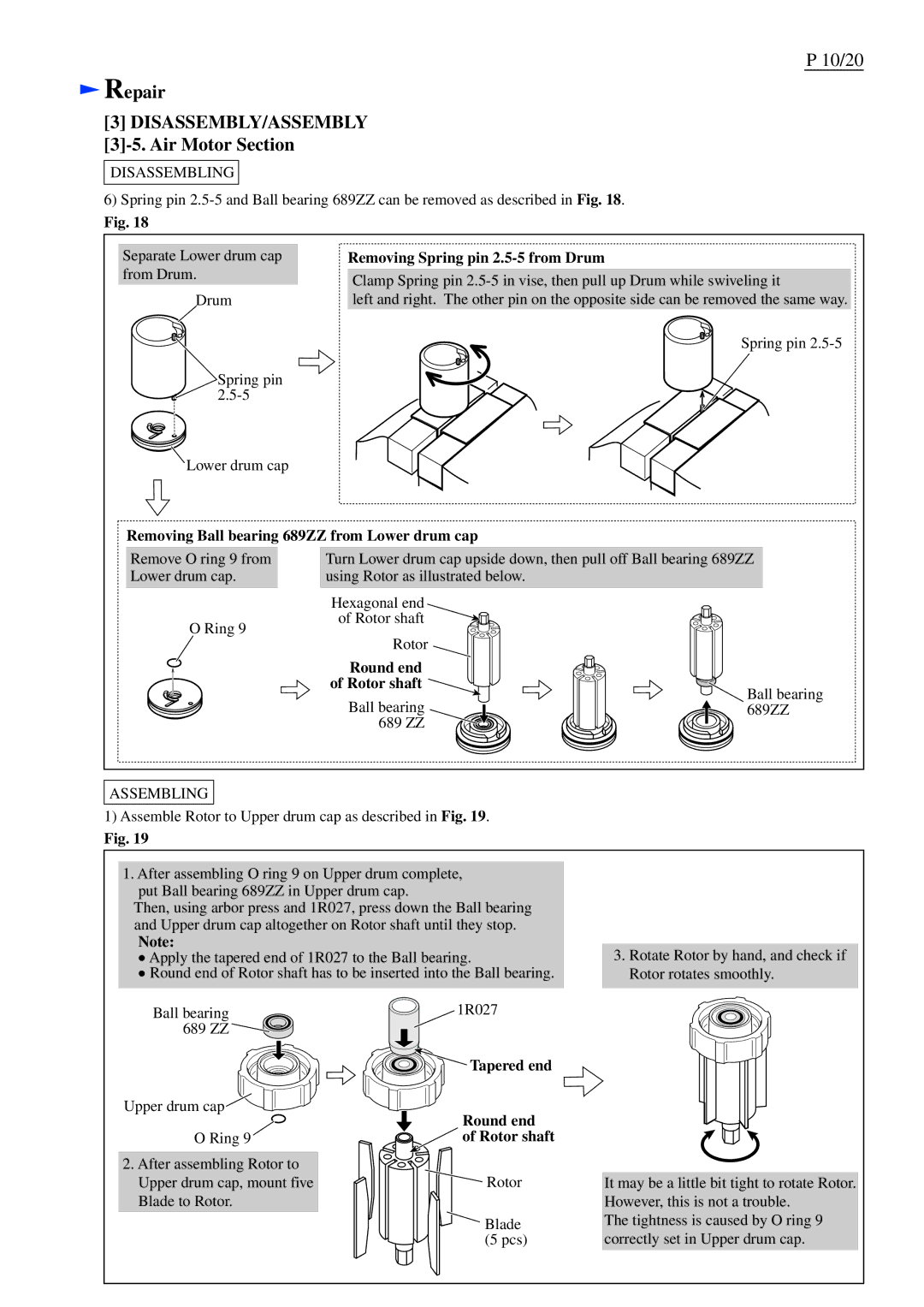 Makita AR410HR dimensions Removing Spring pin 2.5-5 from Drum, Removing Ball bearing 689ZZ from Lower drum cap, Round end 