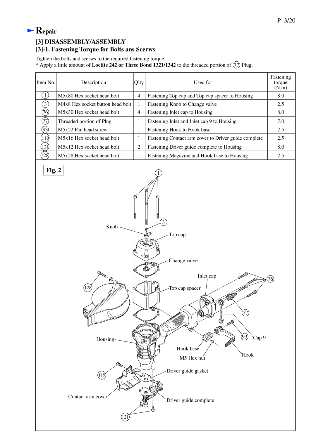 Makita AR410HR dimensions Disassembly/Assembly, Fastening Torque for Bolts ans Scerws 