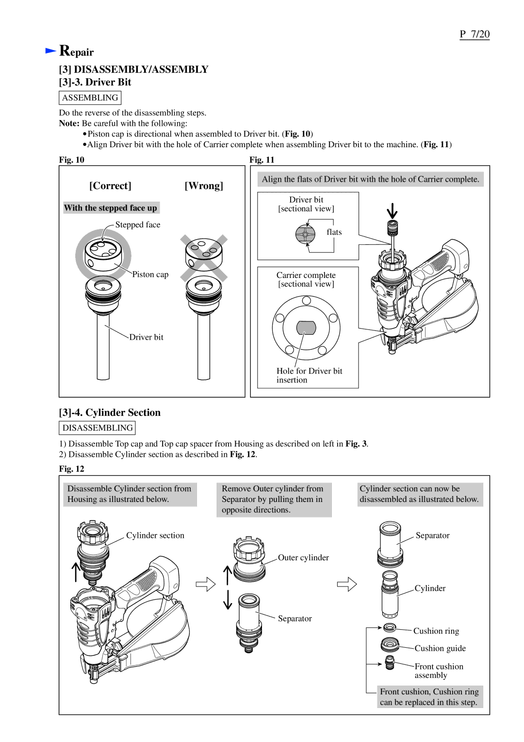 Makita AR410HR dimensions Correct Wrong, Cylinder Section, With the stepped face up 