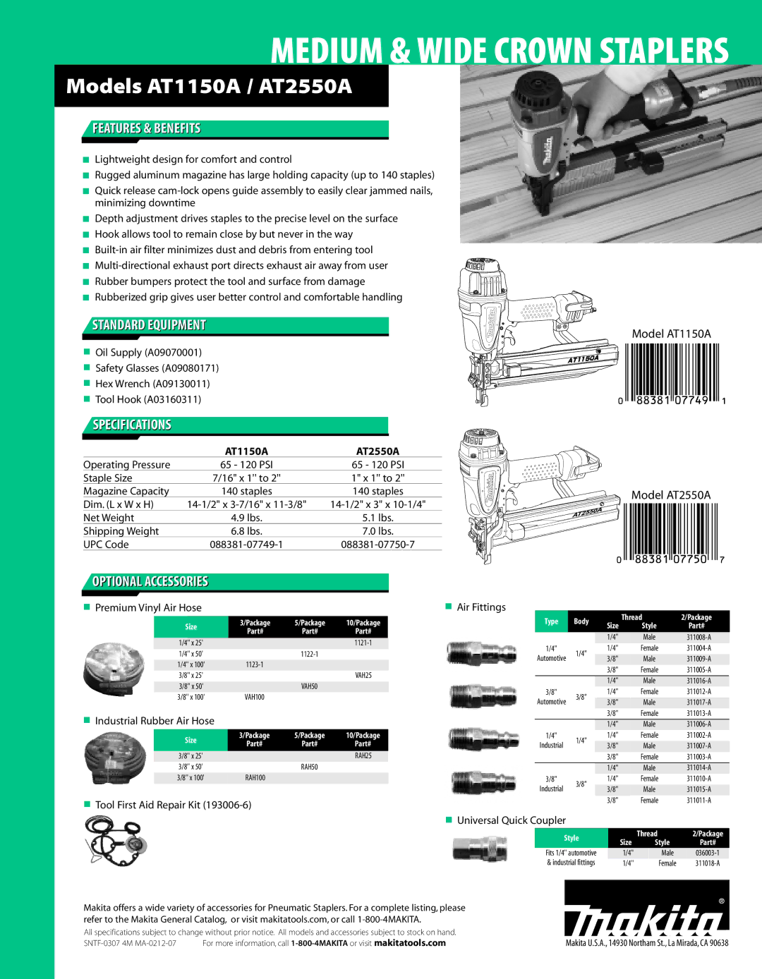 Makita AT1150A, AT2550A manual Features & Benefits, Standard Equipment, Optional Accessories 