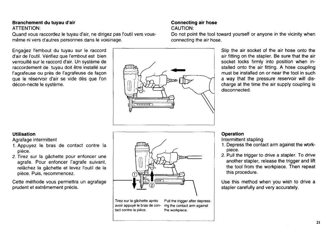 Makita AT638 instruction manual Branchement du tuyau dair, Connecting air hose, Utilisation, Operation 
