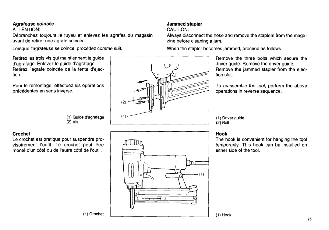 Makita AT638 instruction manual Crochet, Jammed stapler, Agrafeuse coincee 