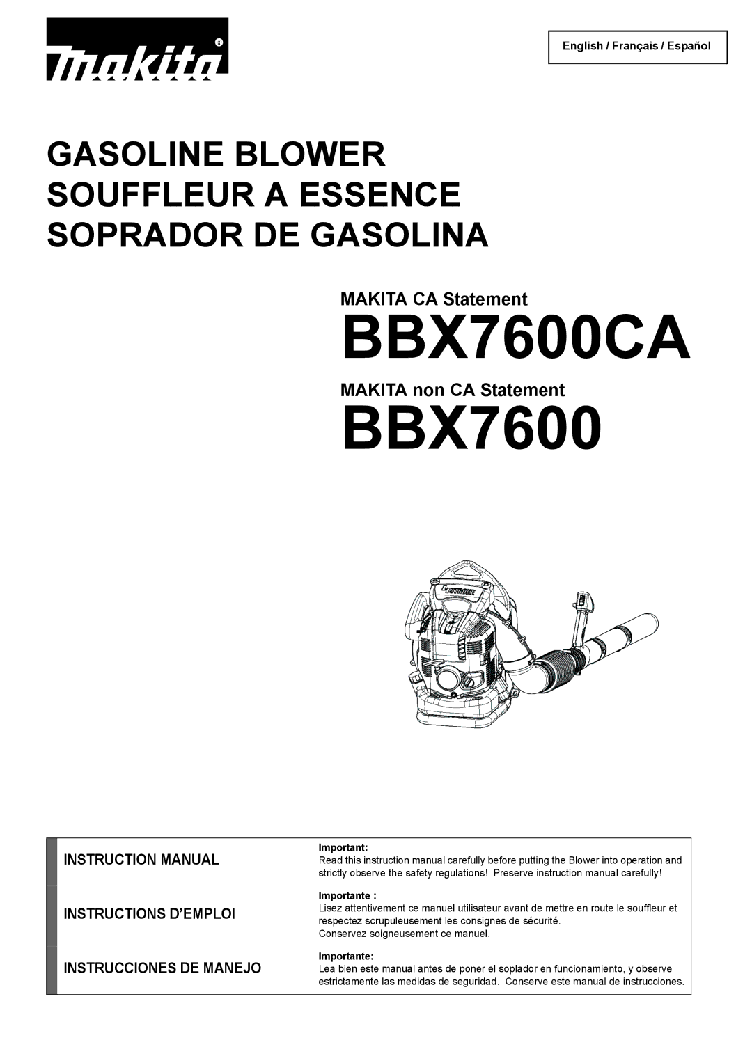 Makita BBX7600CA instruction manual Instructions D’EMPLOI Instrucciones DE Manejo, English / Français / Español 