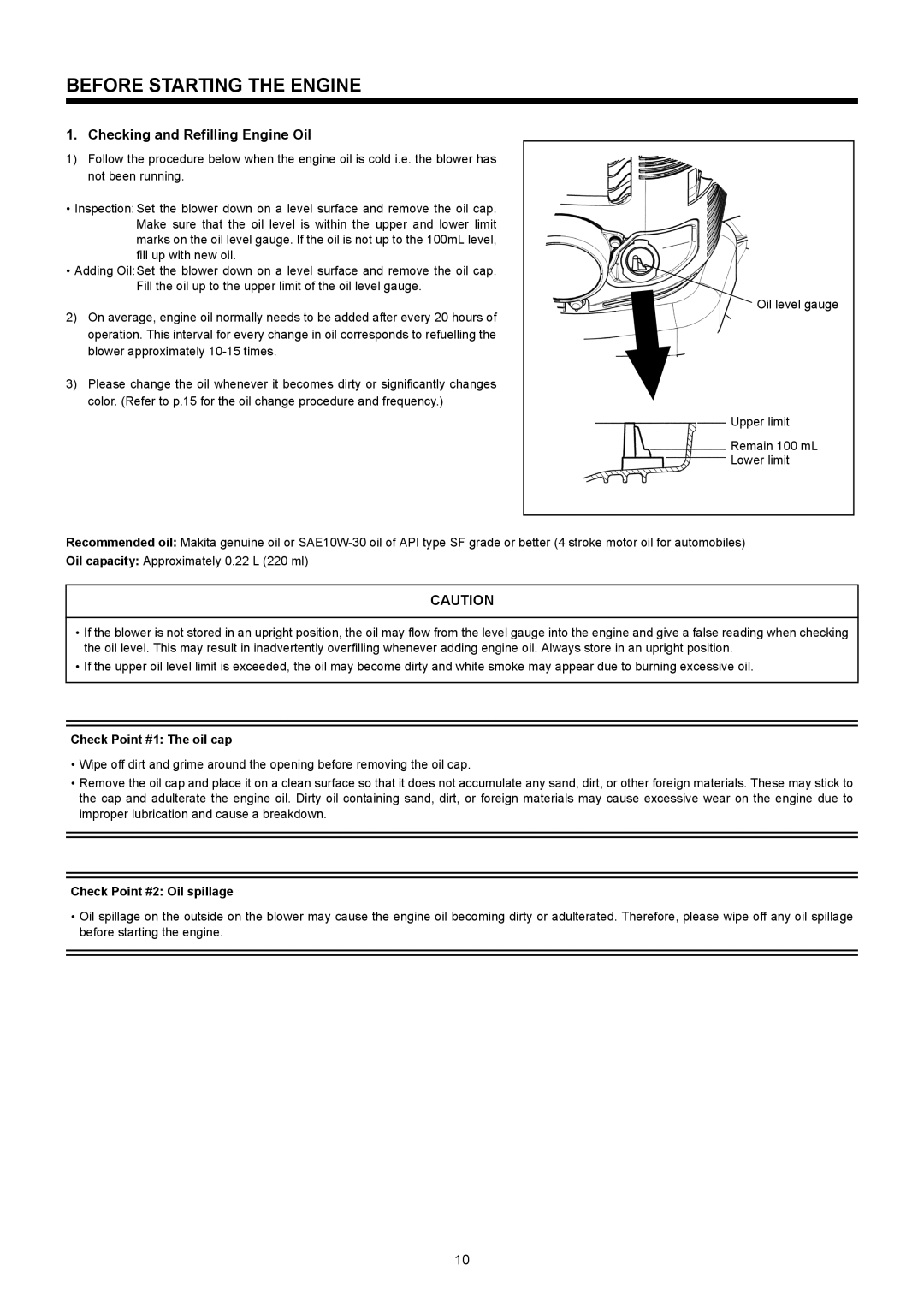 Makita BBX7600CA Before Starting the Engine, Checking and Refilling Engine Oil, Check Point #1 The oil cap 