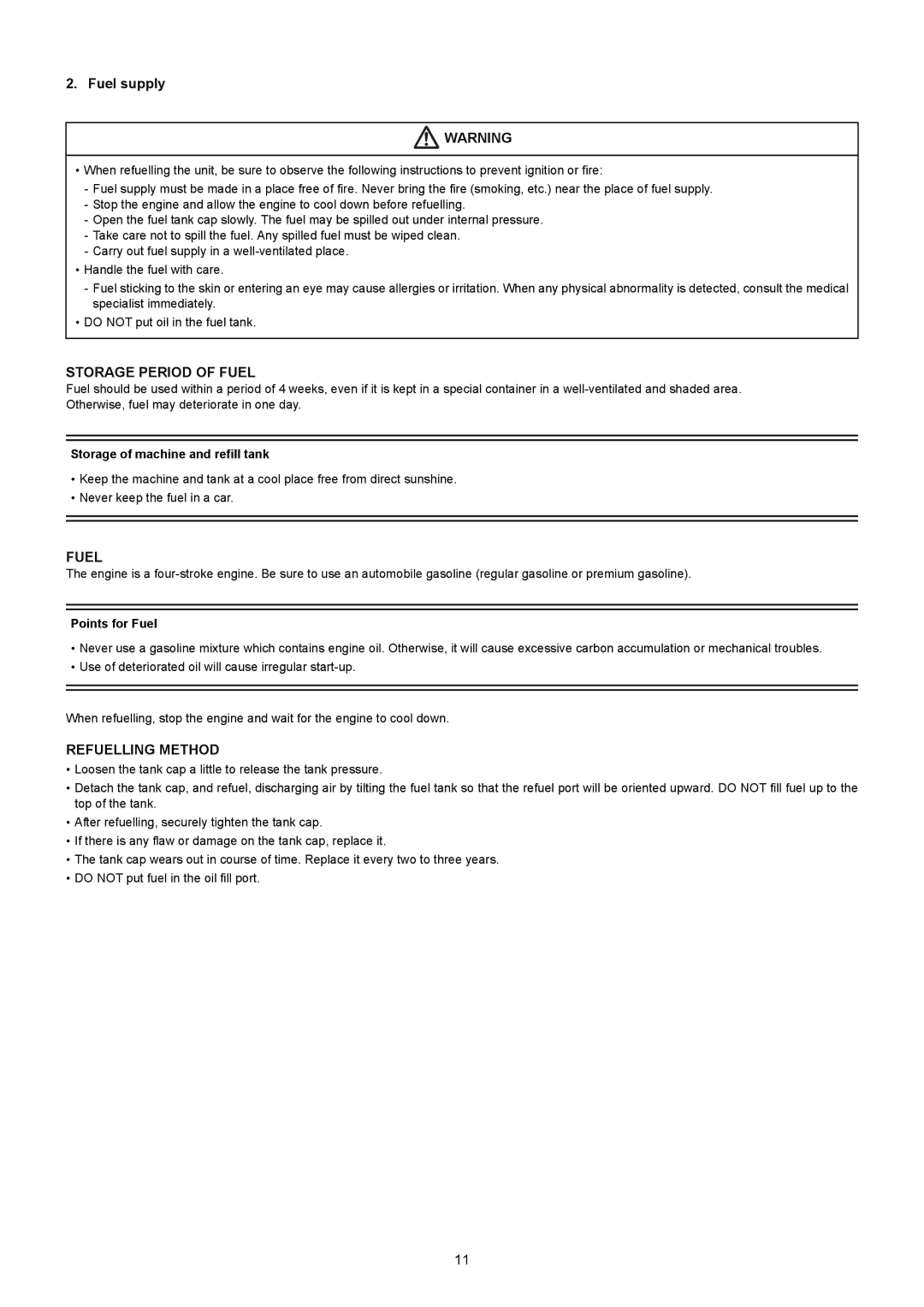 Makita BBX7600CA instruction manual Fuel supply, Storage of machine and refill tank, Points for Fuel 