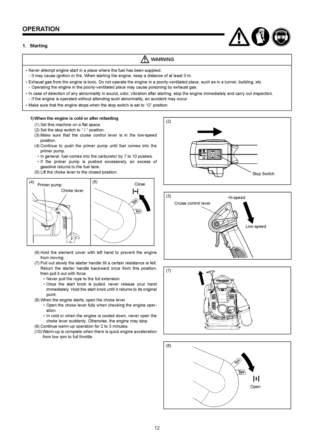 Makita BBX7600CA instruction manual Operation, Starting, When the engine is cold or after refuelling 