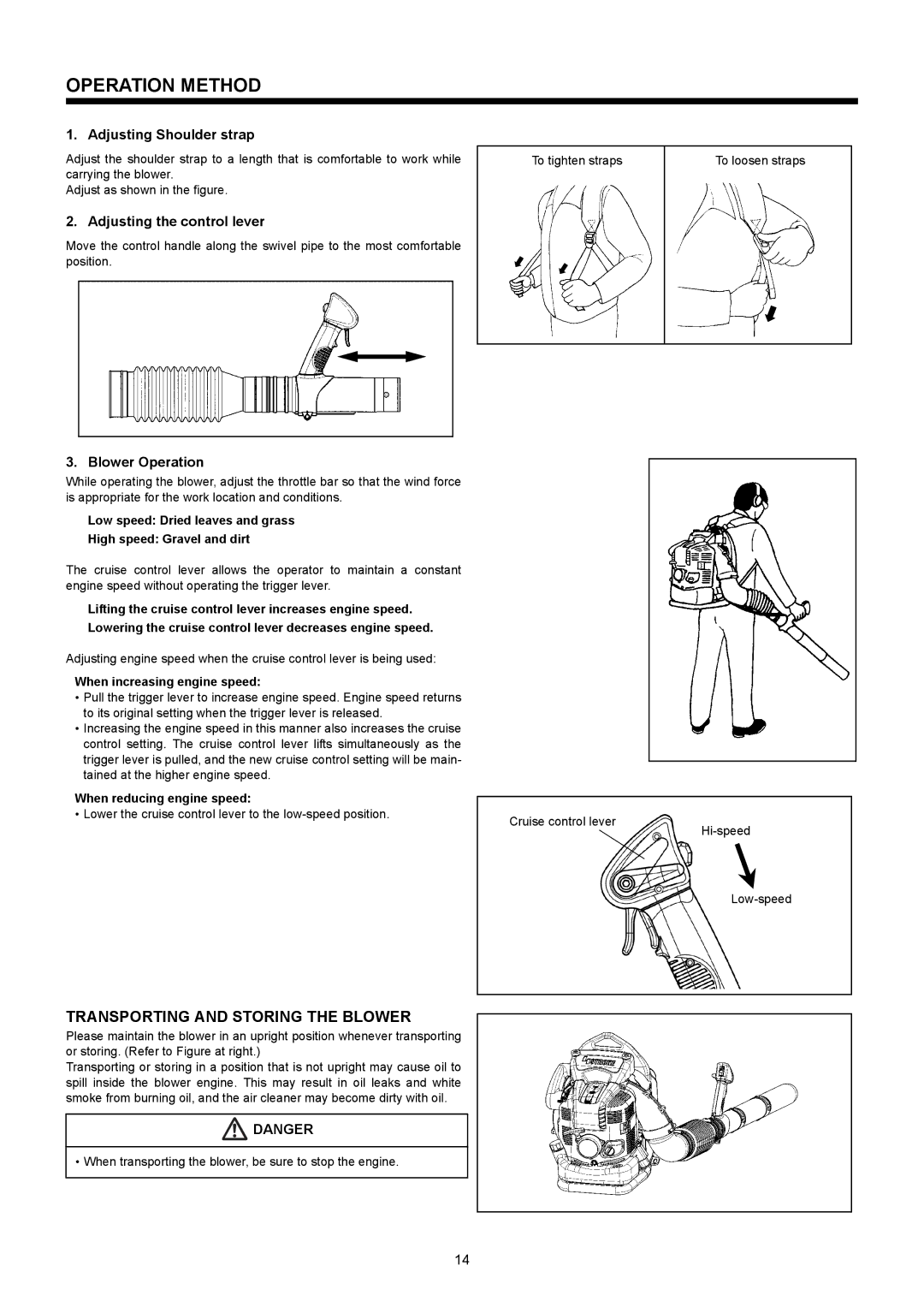 Makita BBX7600 Operation Method, Transporting and Storing the Blower, Adjusting Shoulder strap, Blower Operation 