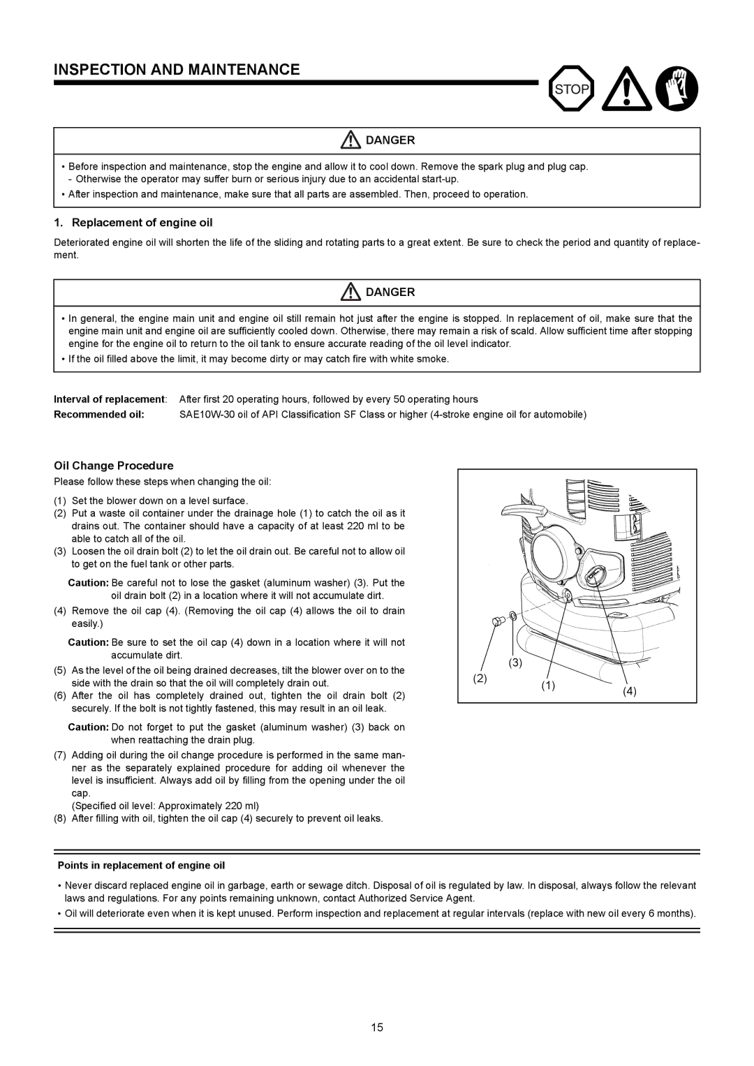 Makita BBX7600CA instruction manual Inspection and Maintenance, Replacement of engine oil, Oil Change Procedure 