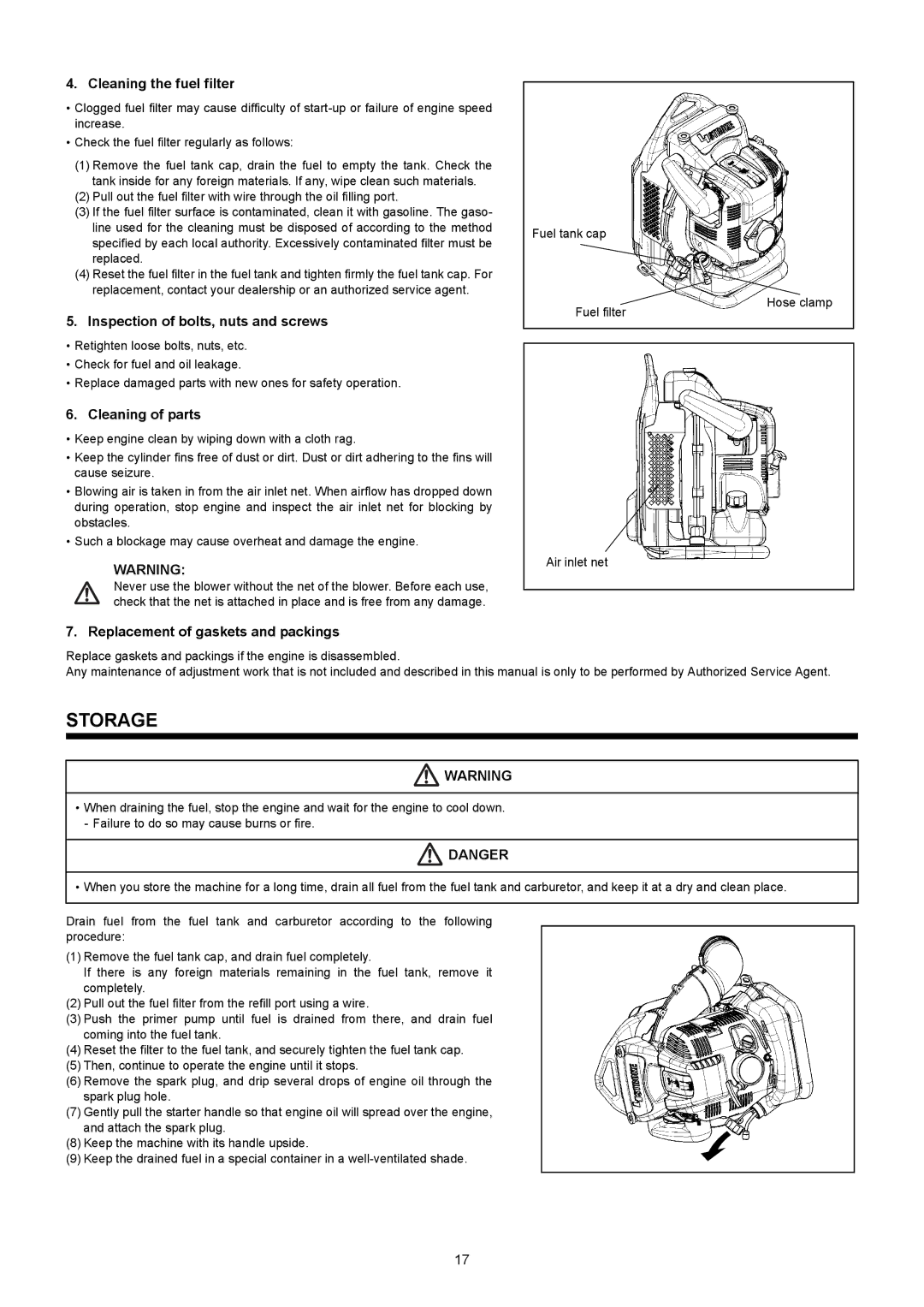 Makita BBX7600CA Storage, Cleaning the fuel filter, Inspection of bolts, nuts and screws, Cleaning of parts 