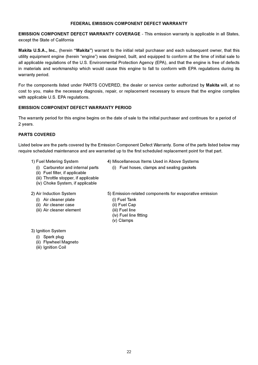 Makita BBX7600 Federal Emission Component Defect Warranty, Emission Component Defect Warranty Period, Parts Covered 