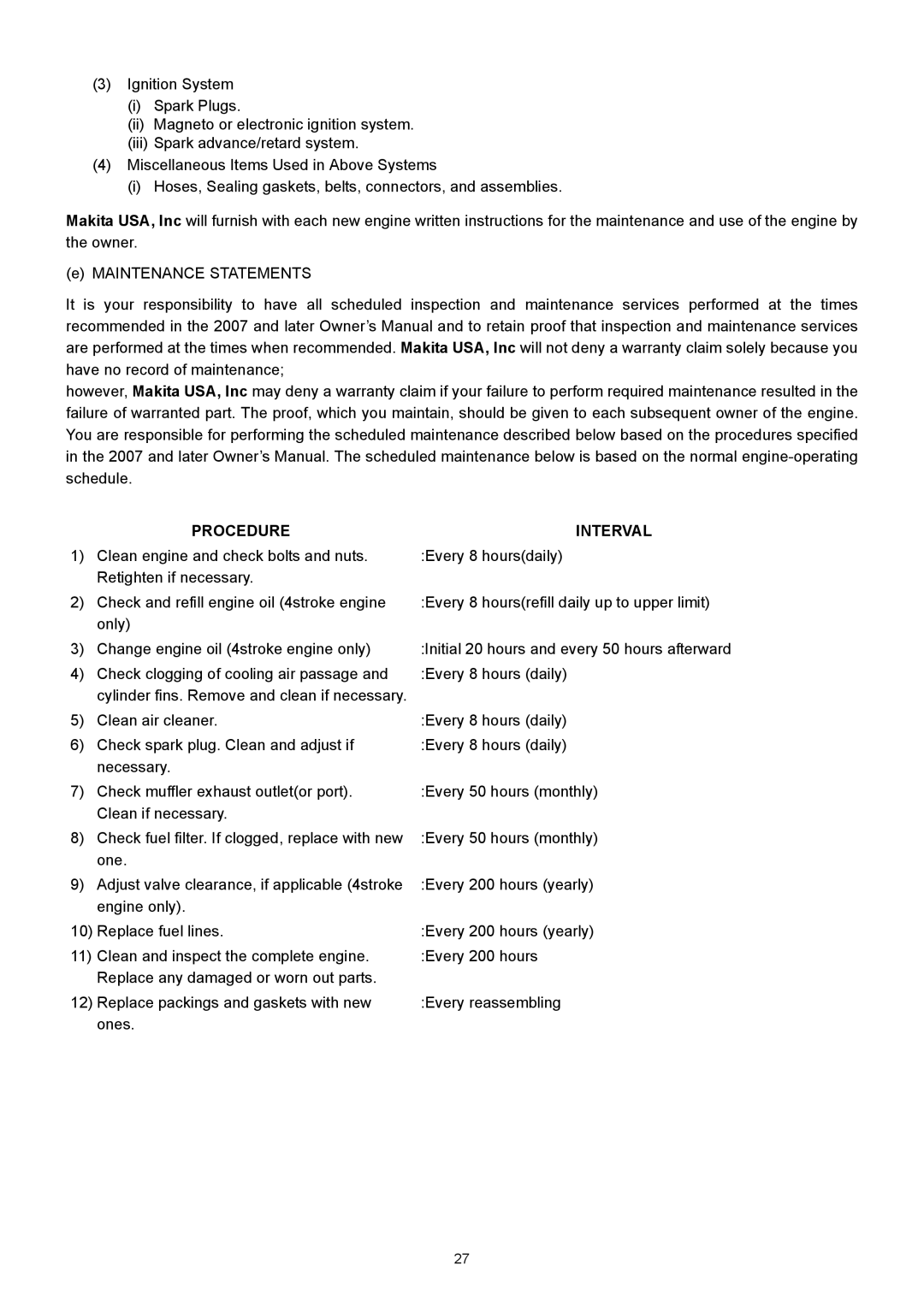 Makita BBX7600CA instruction manual Procedure Interval 