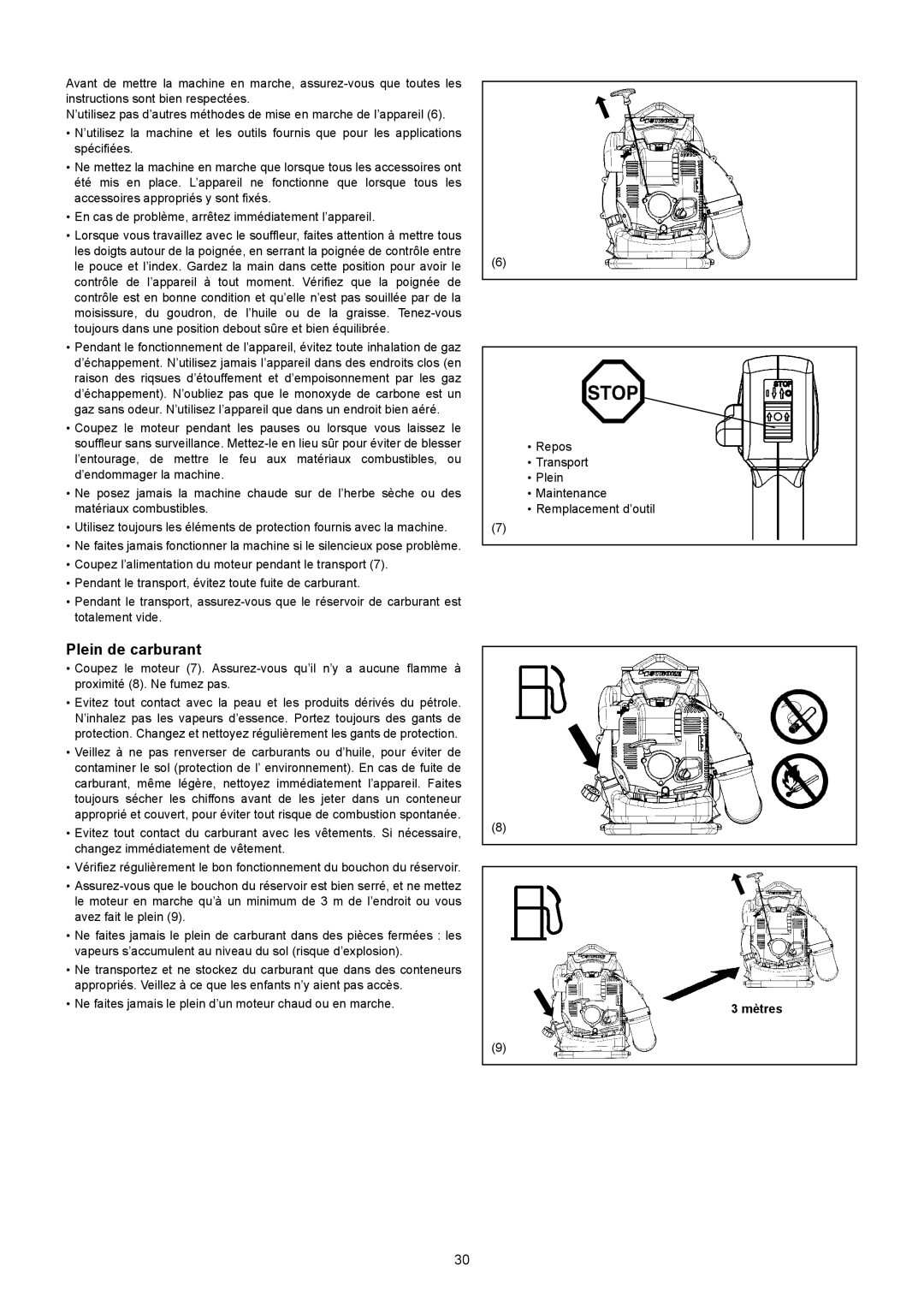 Makita BBX7600CA instruction manual Plein de carburant, Mètres 