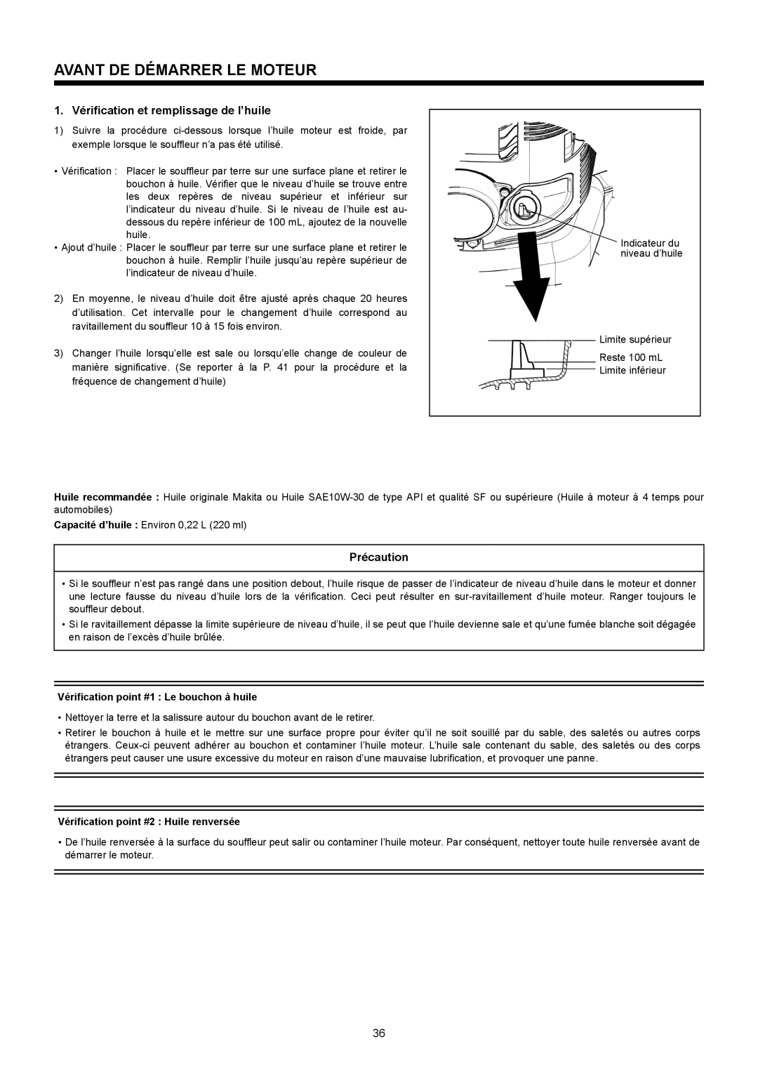 Makita BBX7600CA instruction manual Avant DE Démarrer LE Moteur, Vérification et remplissage de l’huile, Précaution 