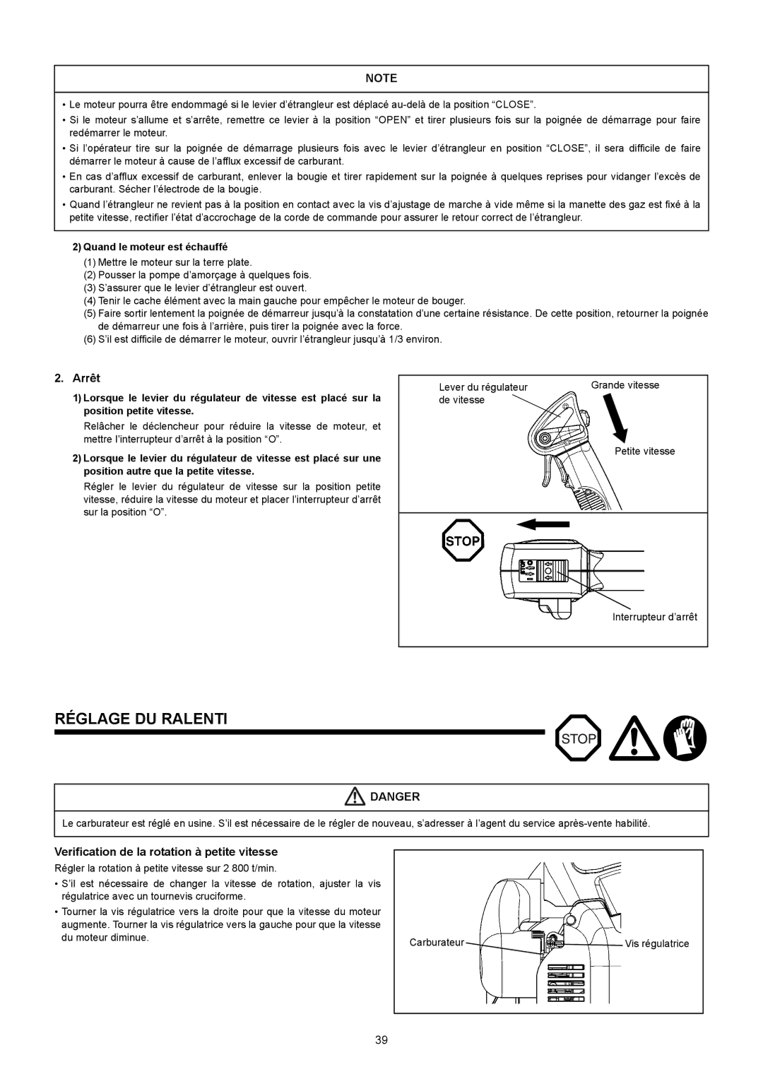 Makita BBX7600CA Réglage DU Ralenti, Arrêt, Verification de la rotation à petite vitesse, Quand le moteur est échauffé 