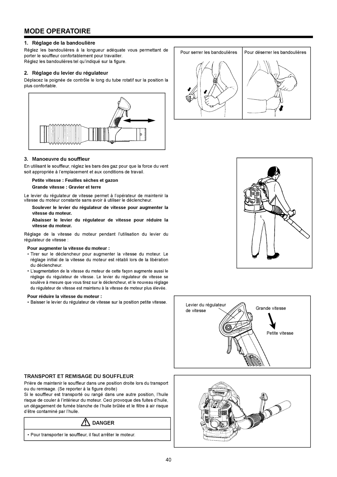 Makita BBX7600 Mode Operatoire, Réglage de la bandoulière, Réglage du levier du régulateur, Manoeuvre du souffleur 