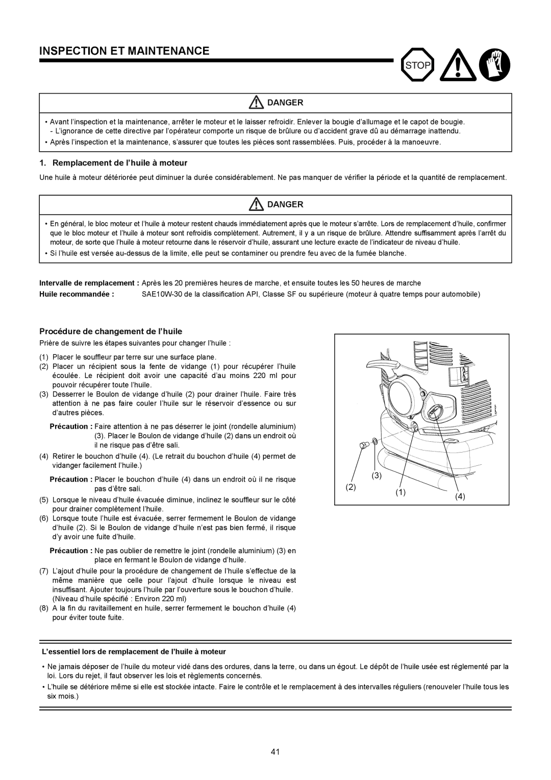 Makita BBX7600CA Inspection ET Maintenance, Remplacement de l’huile à moteur, Procédure de changement de l’huile 