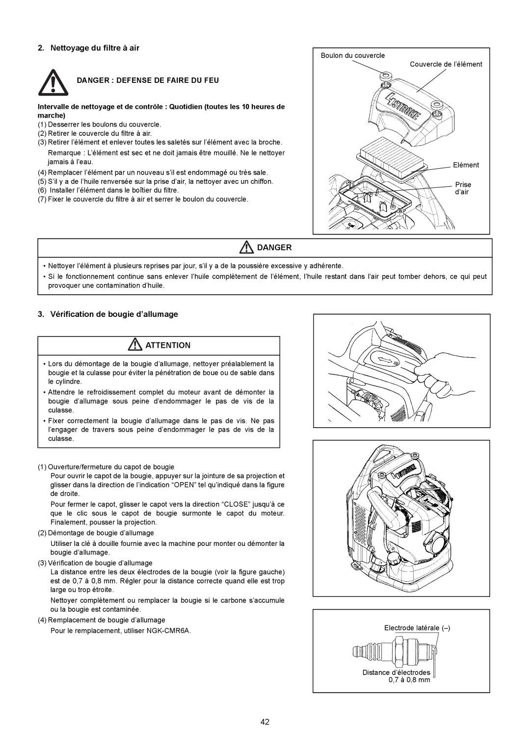 Makita BBX7600CA instruction manual Nettoyage du filtre à air, Vérification de bougie d’allumage 