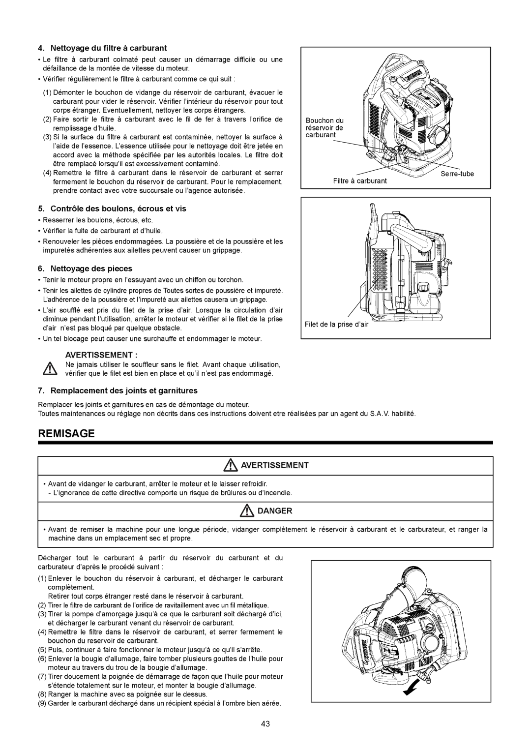 Makita BBX7600CA Remisage, Nettoyage du filtre à carburant, Contrôle des boulons, écrous et vis, Nettoyage des pieces 