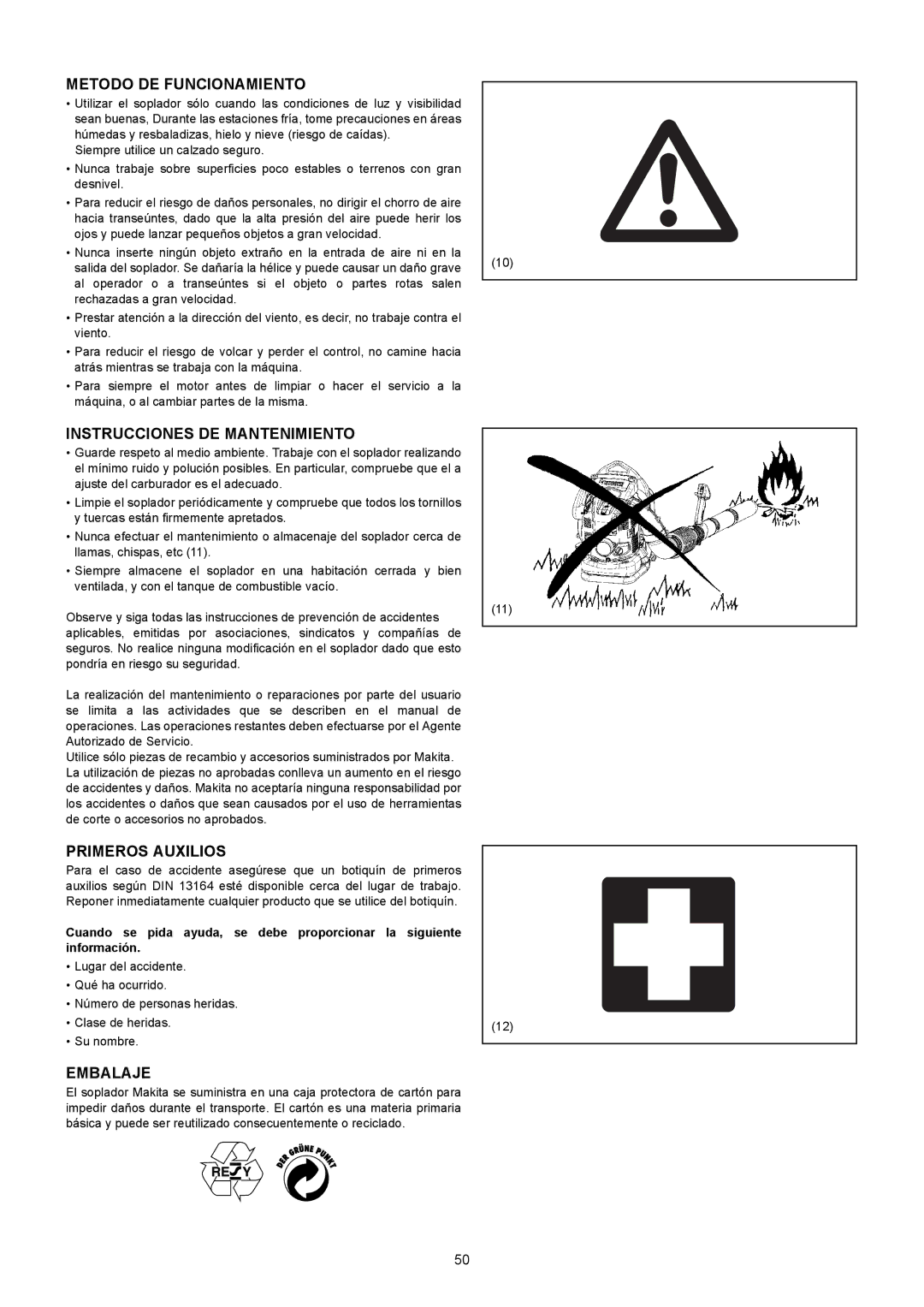 Makita BBX7600CA Metodo DE Funcionamiento, Instrucciones DE Mantenimiento, Primeros Auxilios, Embalaje 