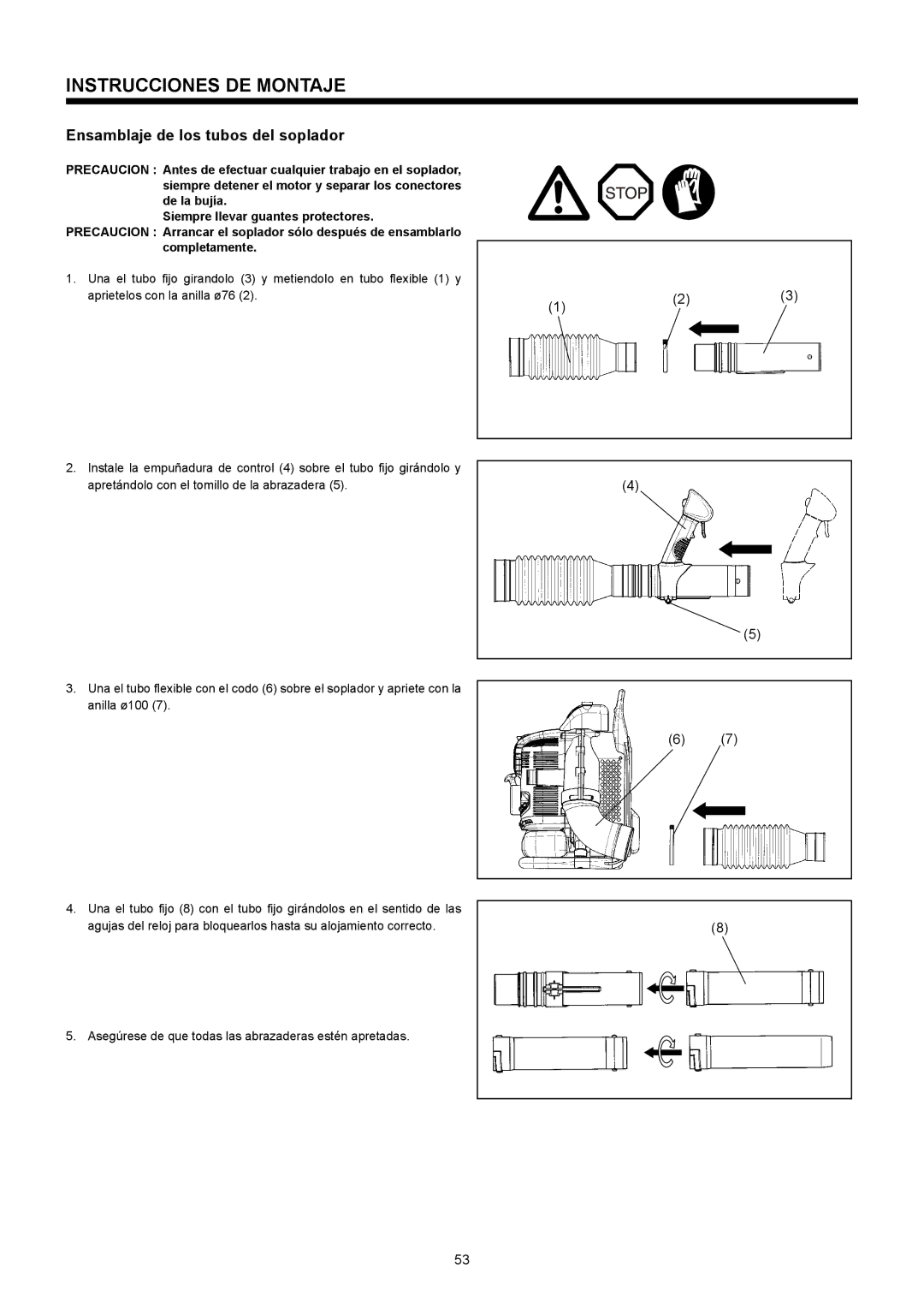 Makita BBX7600CA instruction manual Instrucciones DE Montaje, Ensamblaje de los tubos del soplador, Completamente 