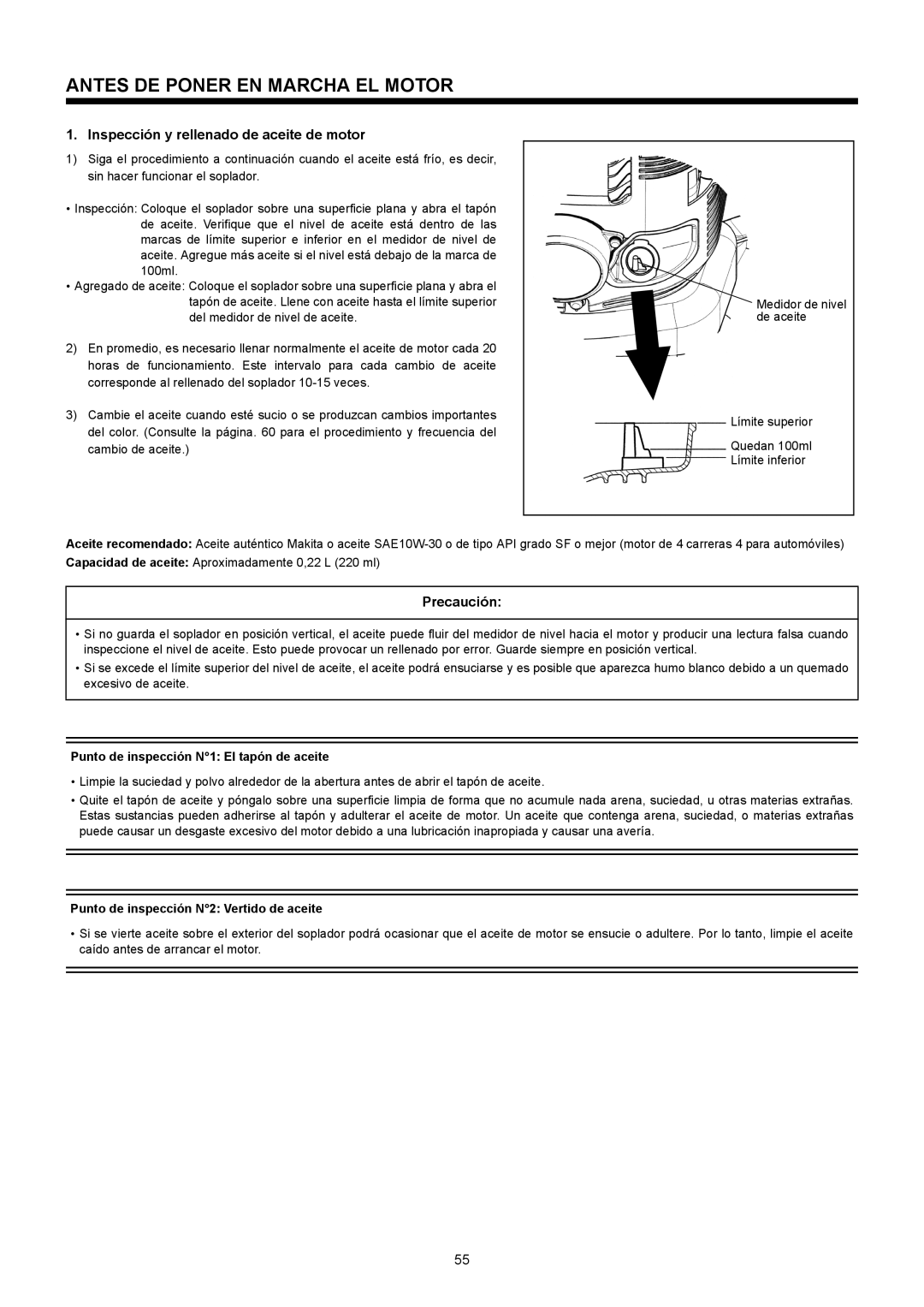 Makita BBX7600CA Antes DE Poner EN Marcha EL Motor, Inspección y rellenado de aceite de motor, Precaución 