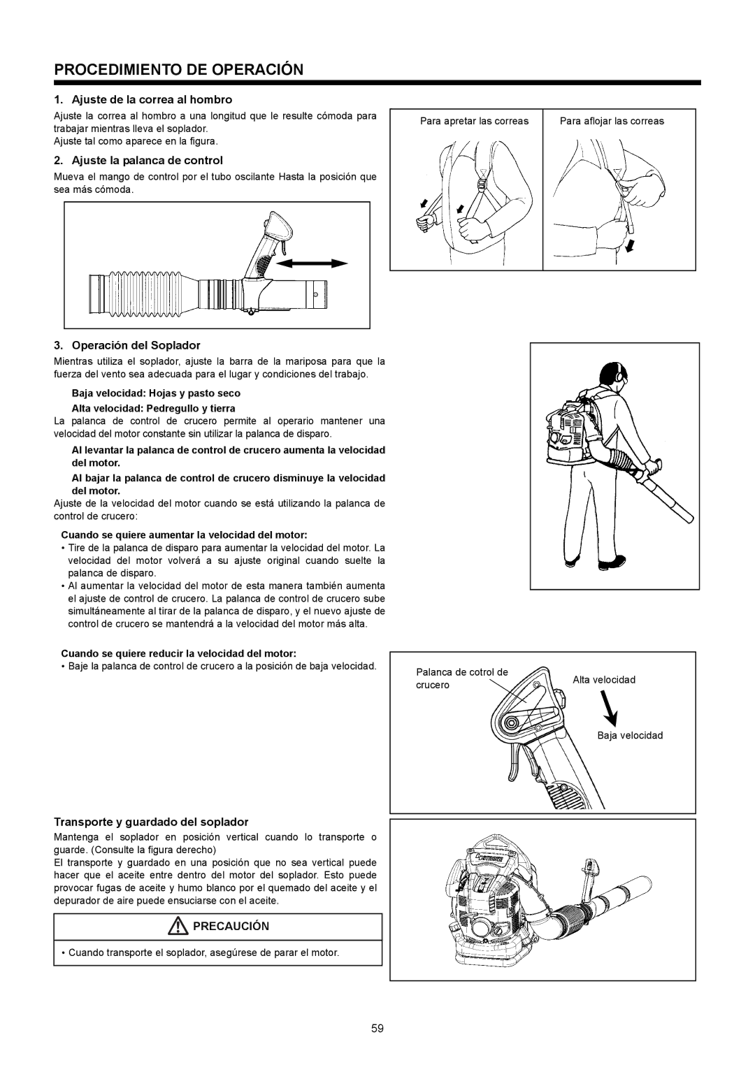 Makita BBX7600CA instruction manual Procedimiento DE Operación, Ajuste de la correa al hombro, Ajuste la palanca de control 