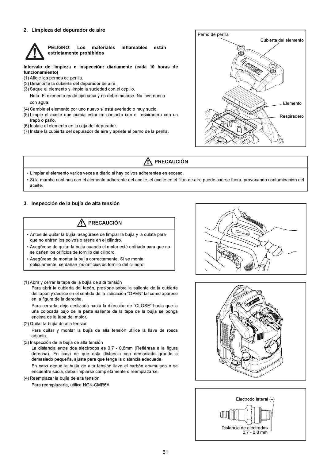 Makita BBX7600CA instruction manual Limpieza del depurador de aire, Inspección de la bujía de alta tensión 