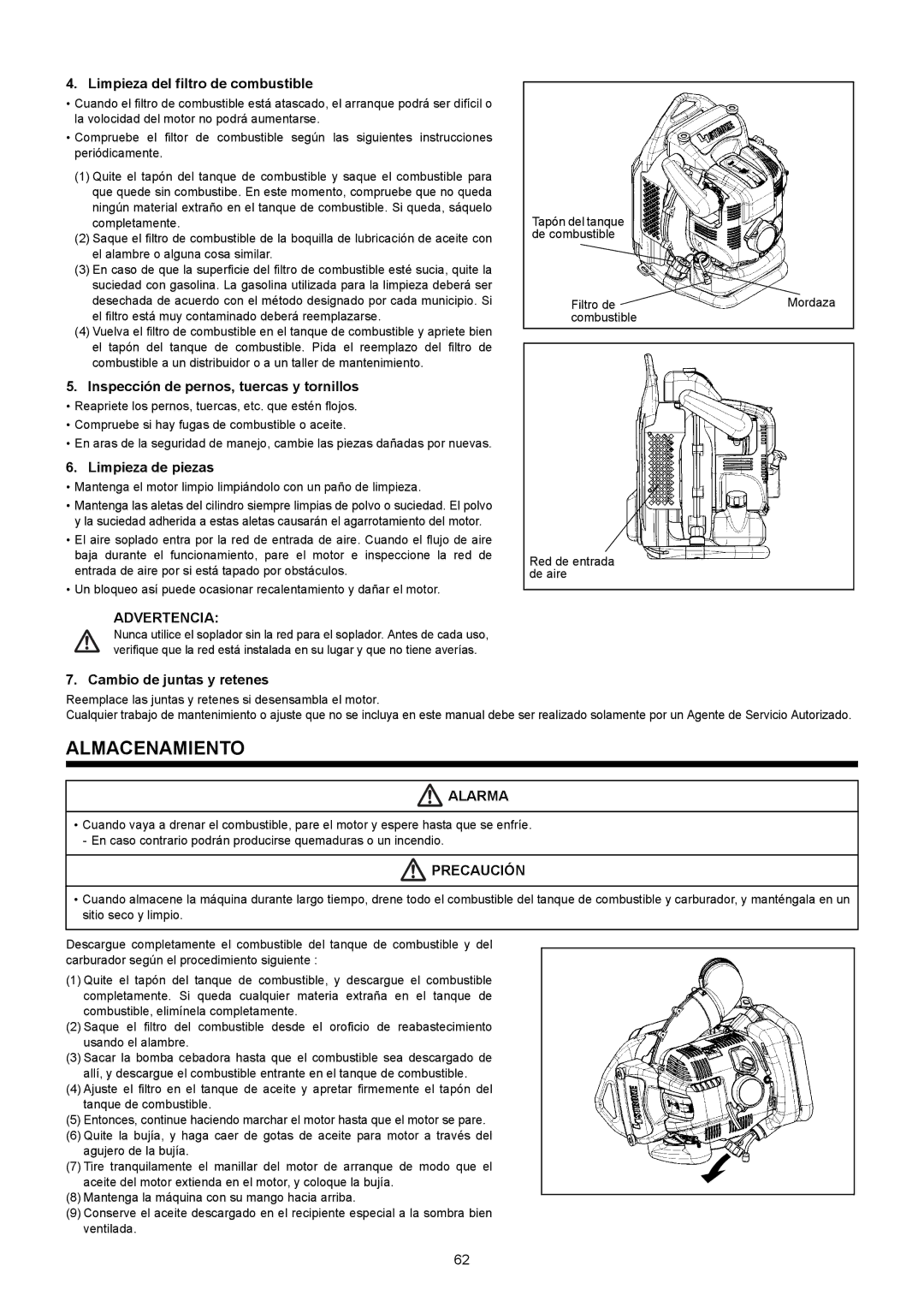 Makita BBX7600CA Almacenamiento, Limpieza del filtro de combustible, Inspección de pernos, tuercas y tornillos 