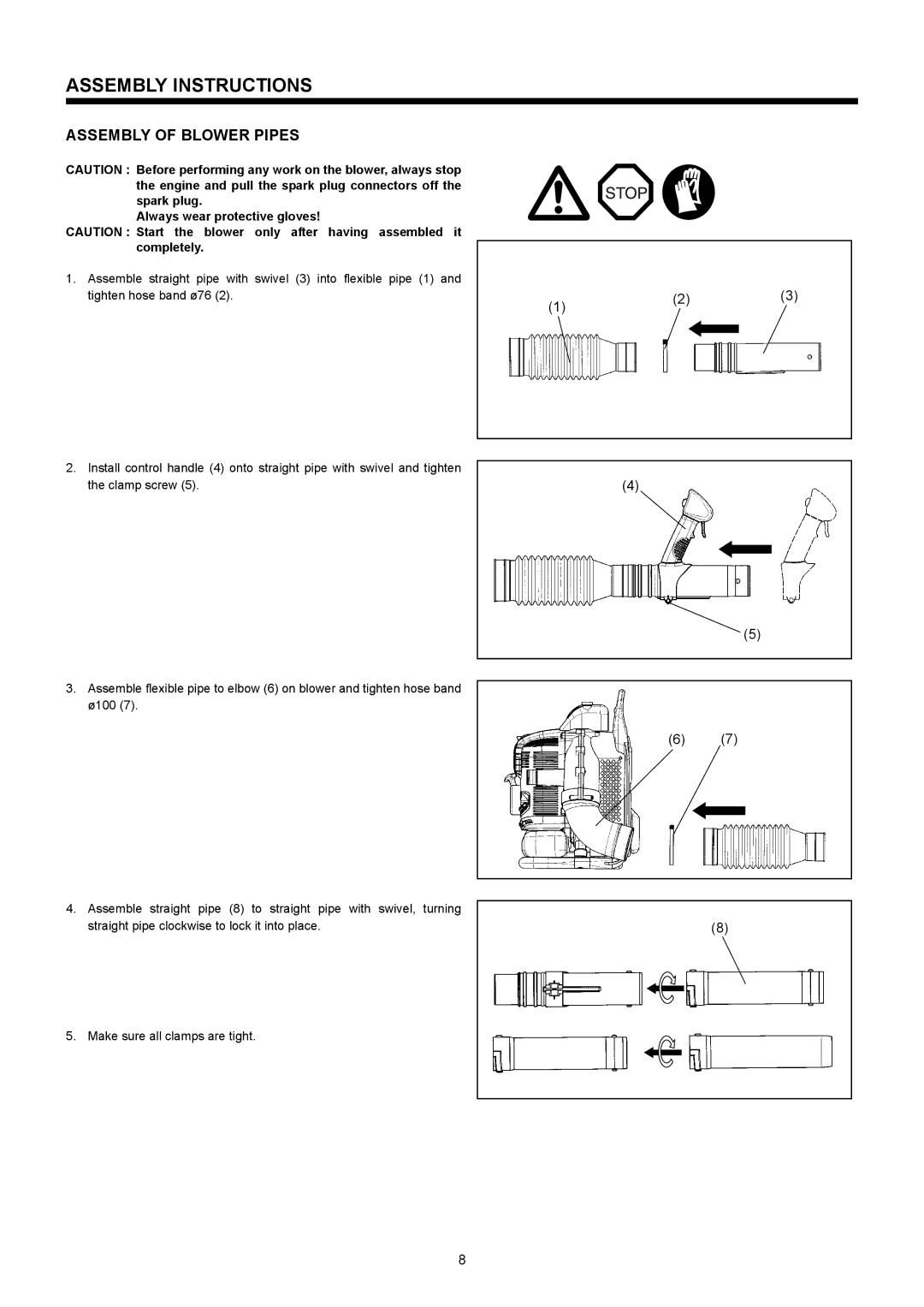 Makita BBX7600CA instruction manual Assembly Instructions, Assembly of Blower Pipes, Always wear protective gloves 