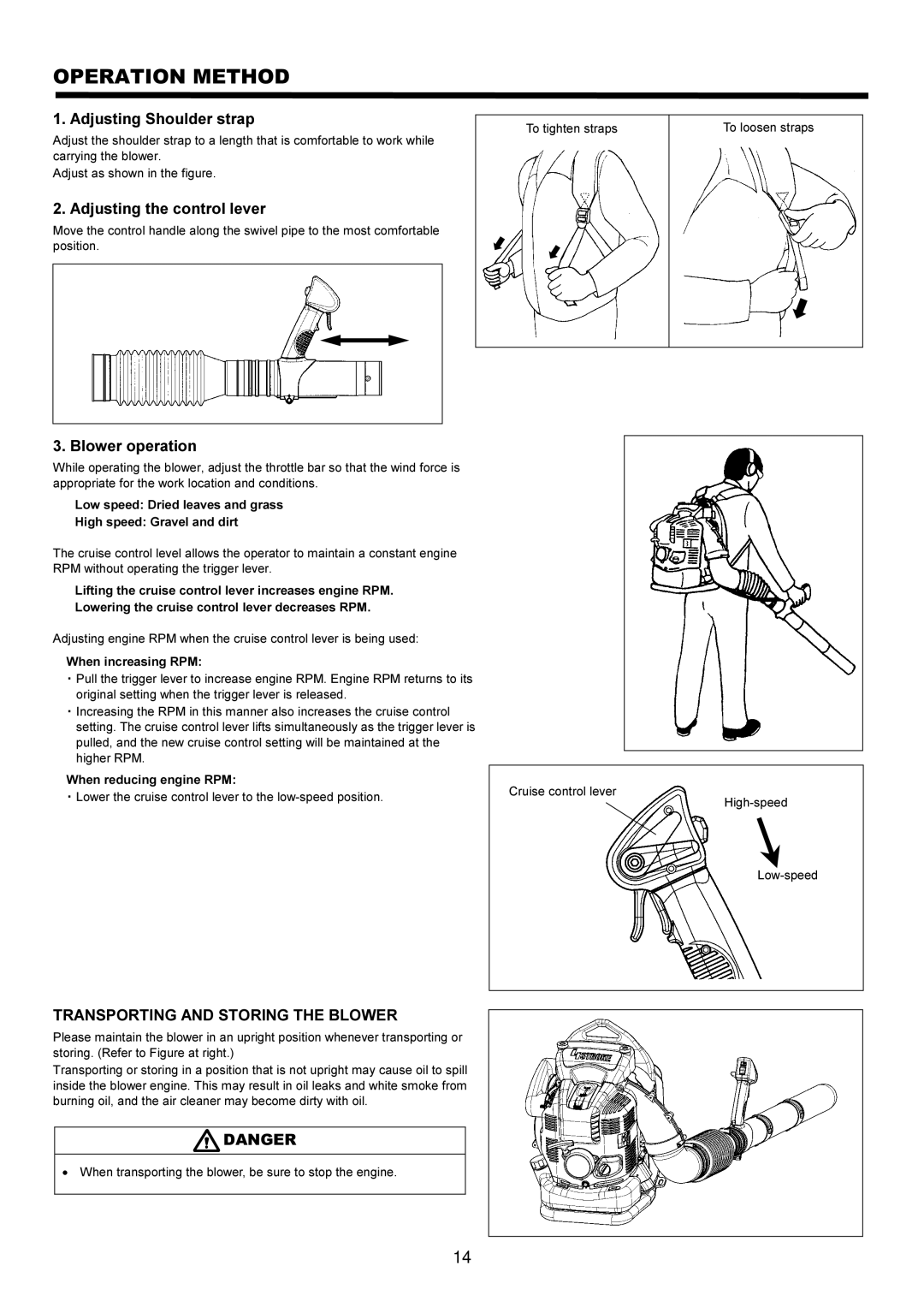 Makita BBX7600CA Operation Method, Adjusting Shoulder strap, Adjusting the control lever, Blower operation 