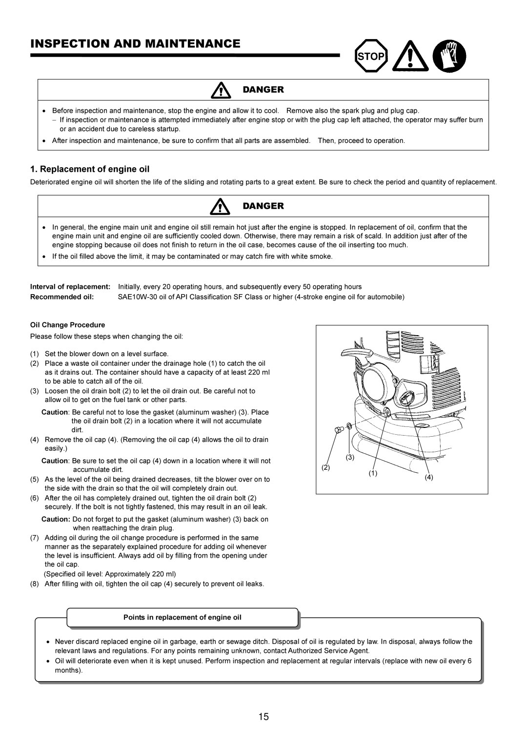 Makita BBX7600CA instruction manual Inspection and Maintenance, Replacement of engine oil 