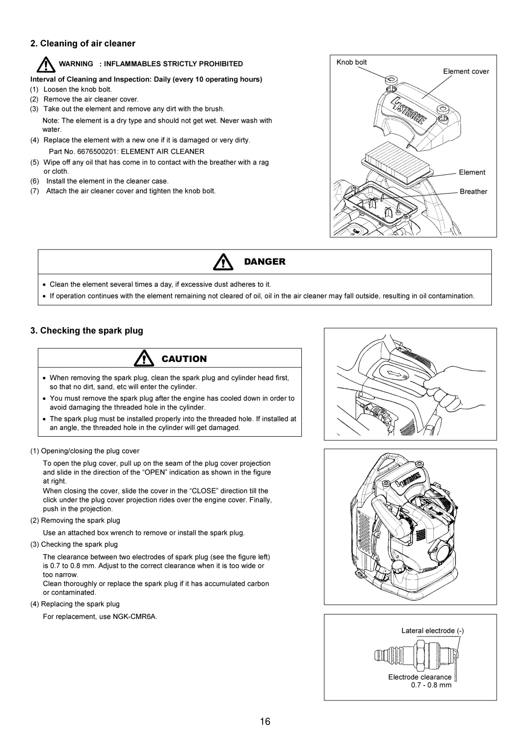 Makita BBX7600CA instruction manual Cleaning of air cleaner, Checking the spark plug 