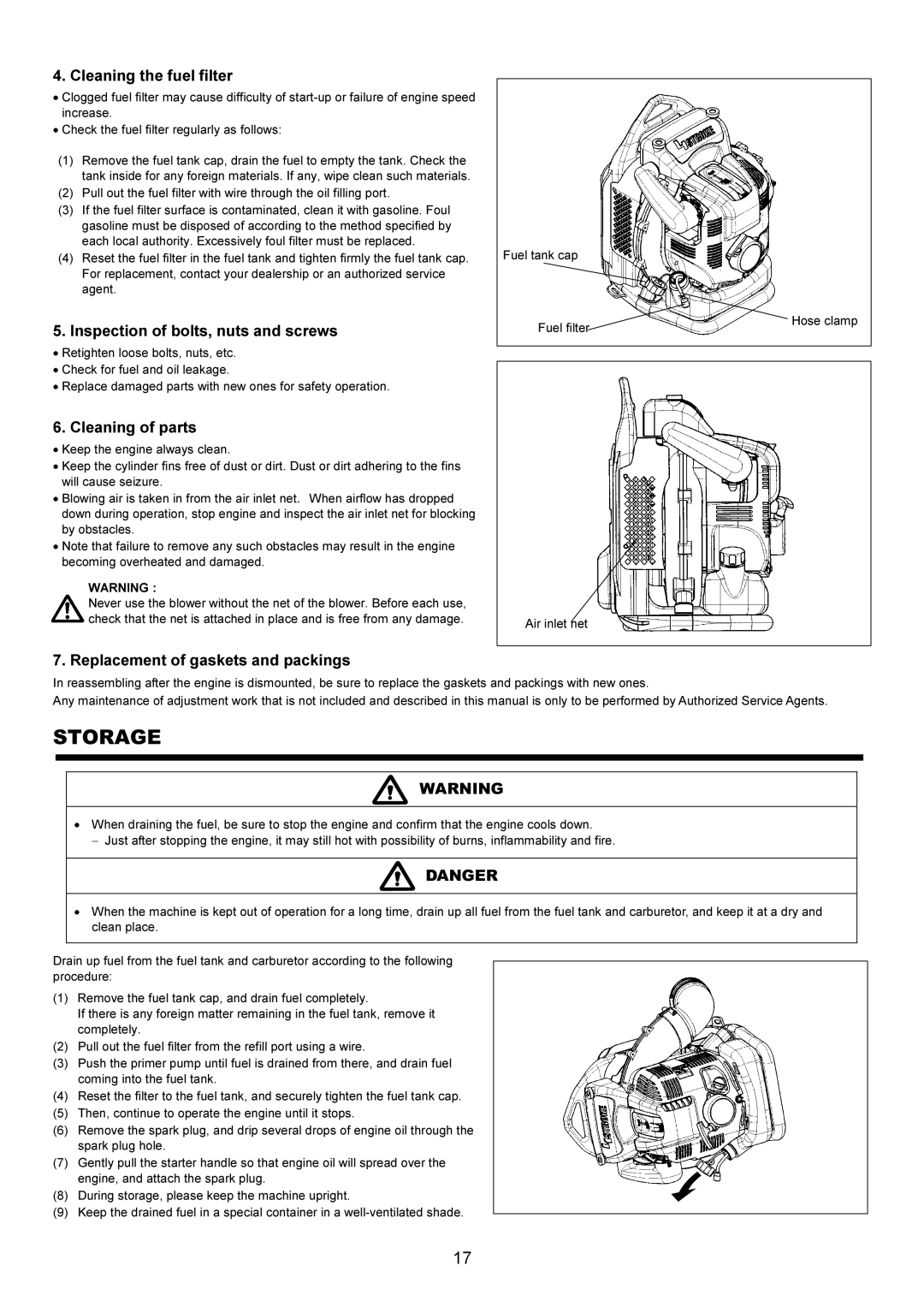 Makita BBX7600CA Storage, Cleaning the fuel filter, Inspection of bolts, nuts and screws, Cleaning of parts 