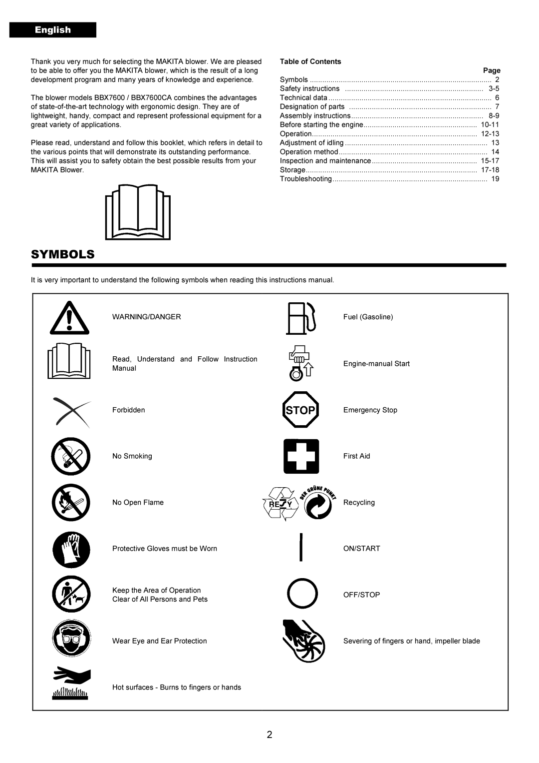 Makita BBX7600CA instruction manual Symbols, English 