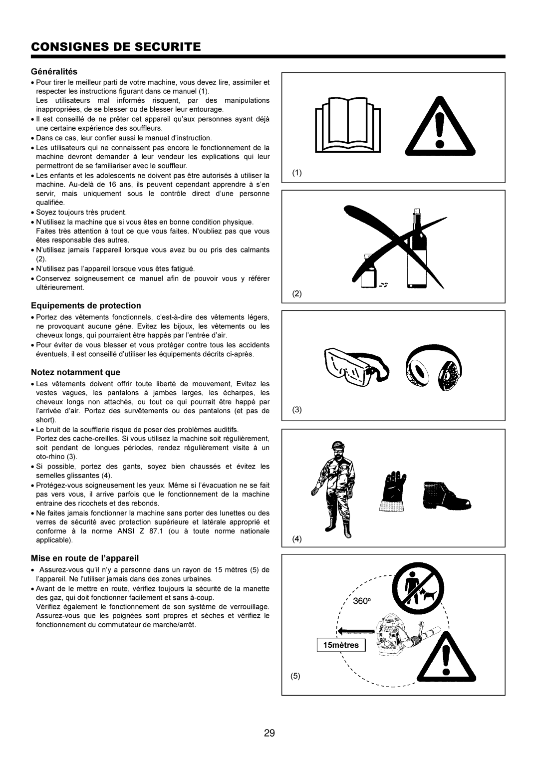 Makita BBX7600CA Consignes DE Securite, Généralités, Equipements de protection, Mise en route de l’appareil, 15mètres 