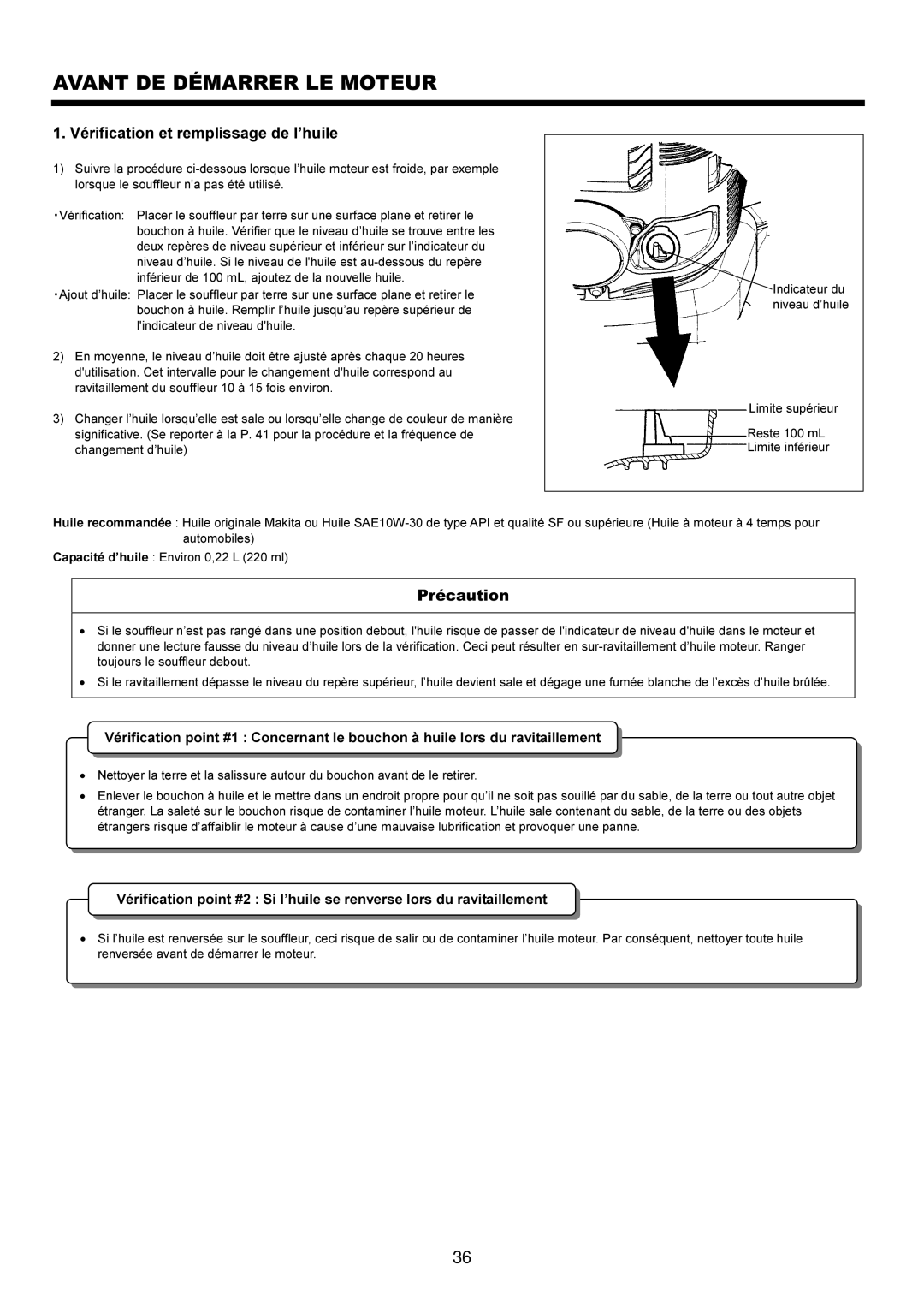 Makita BBX7600CA instruction manual Avant DE Démarrer LE Moteur, Vérification et remplissage de l’huile, Précaution 