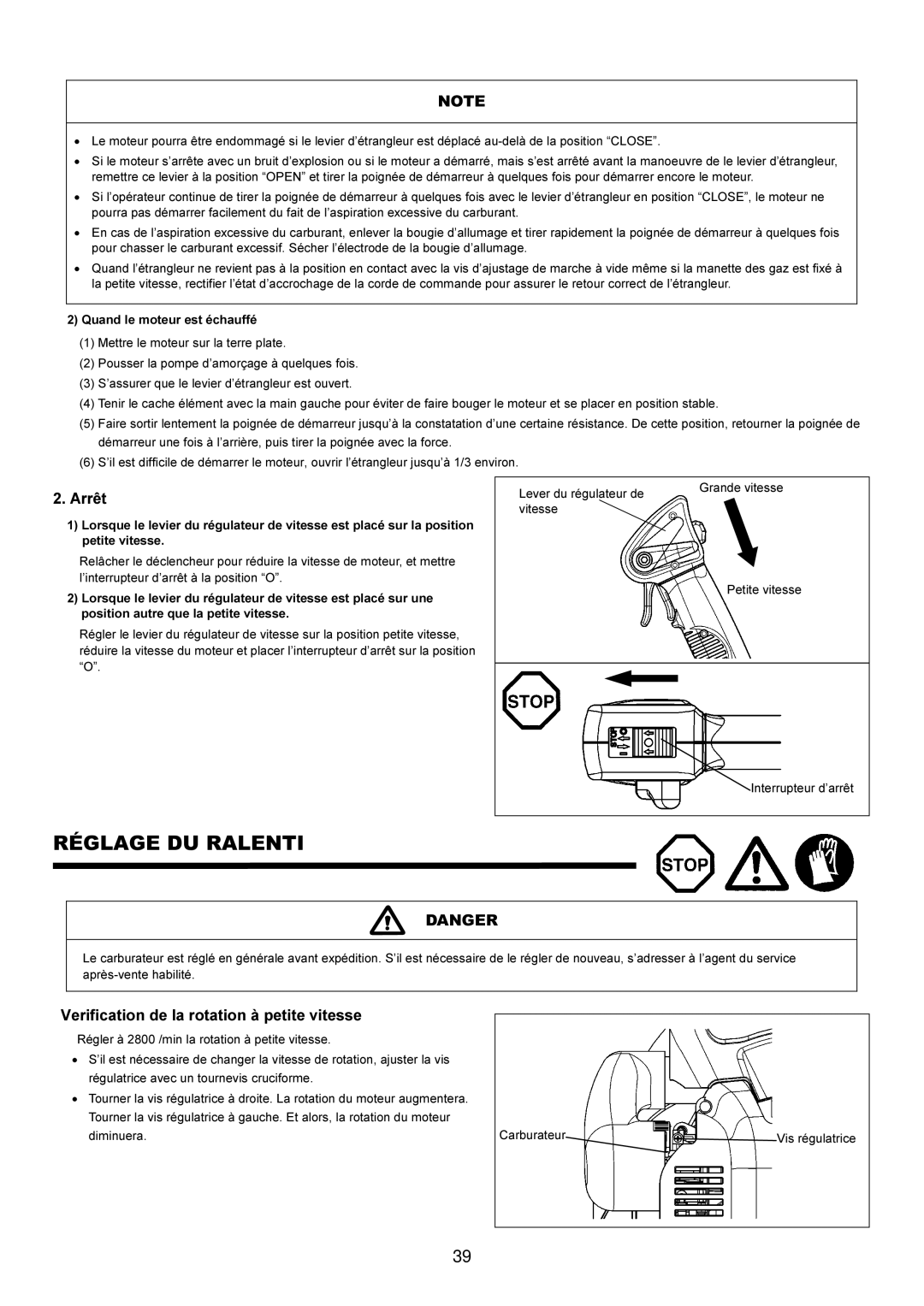 Makita BBX7600CA instruction manual Réglage DU Ralenti, Arrêt, Verification de la rotation à petite vitesse 