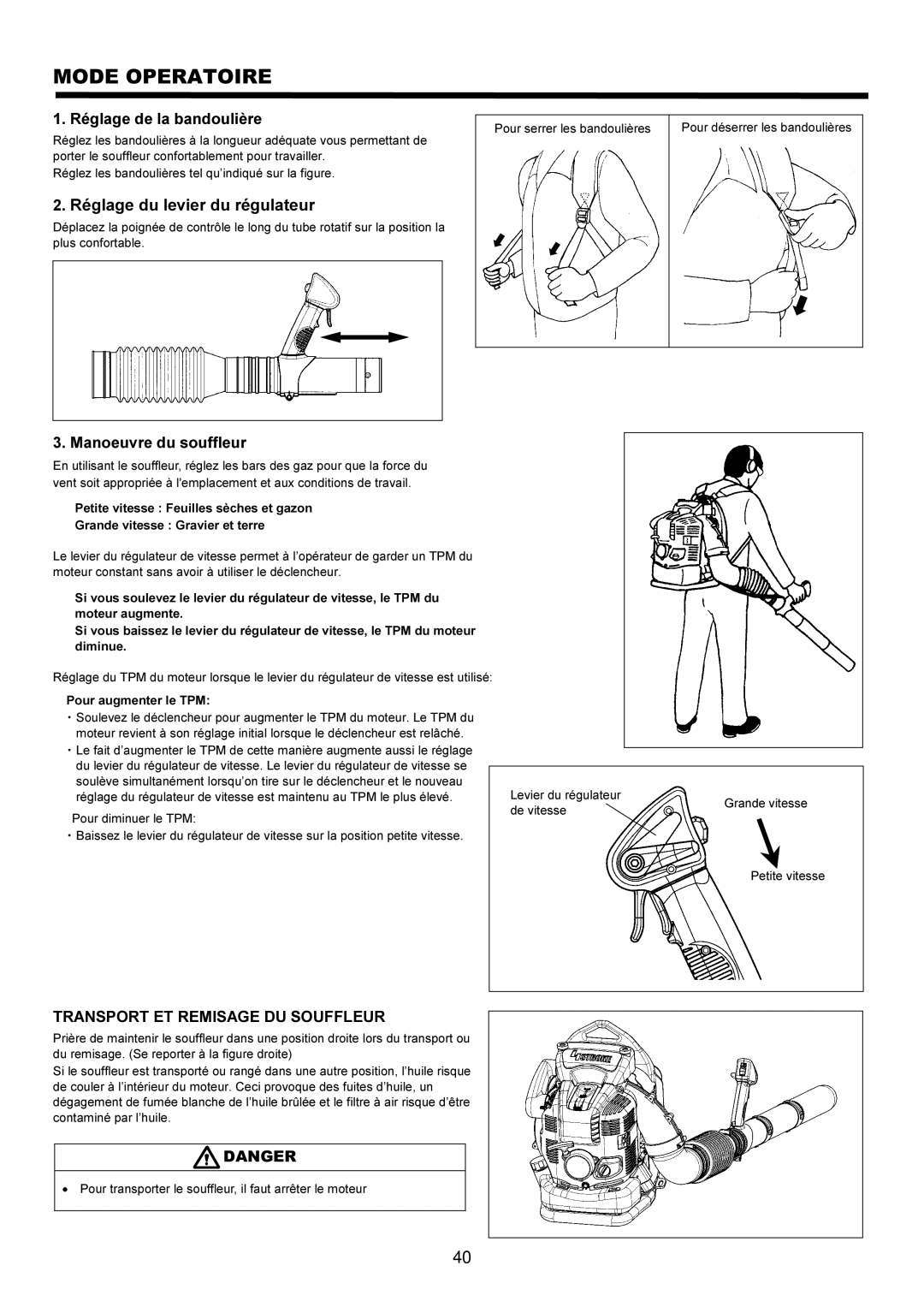 Makita BBX7600 Mode Operatoire, Réglage de la bandoulière, Manoeuvre du souffleur, Transport ET Remisage DU Souffleur 