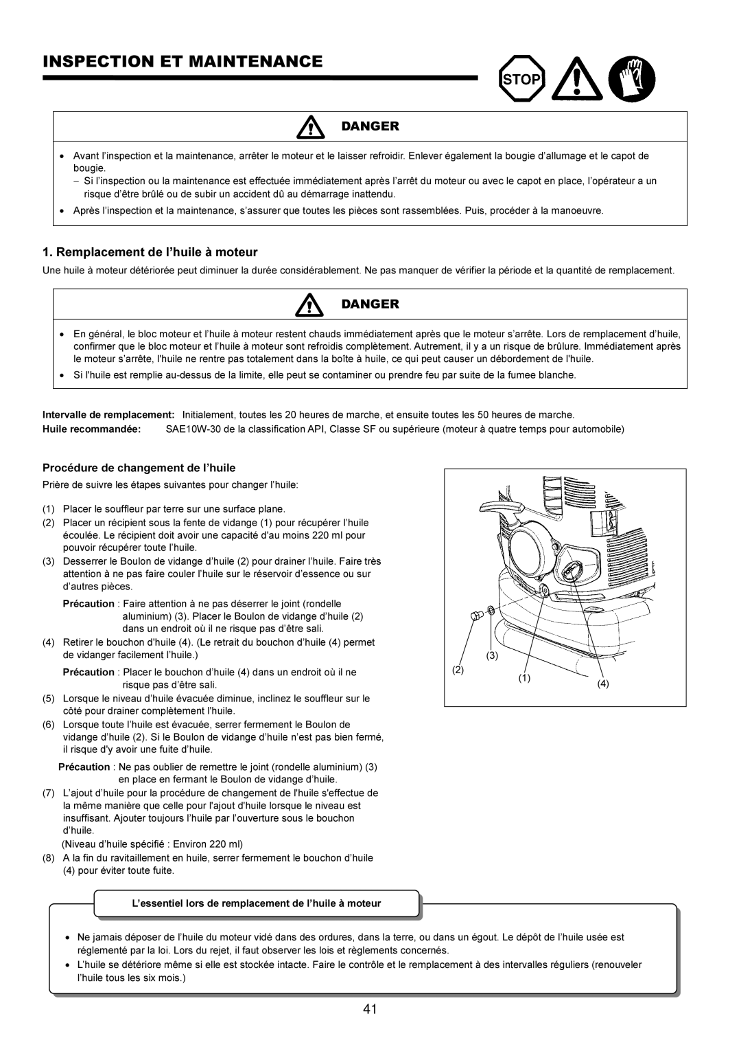 Makita BBX7600CA Inspection ET Maintenance, Remplacement de l’huile à moteur, Procédure de changement de l’huile 