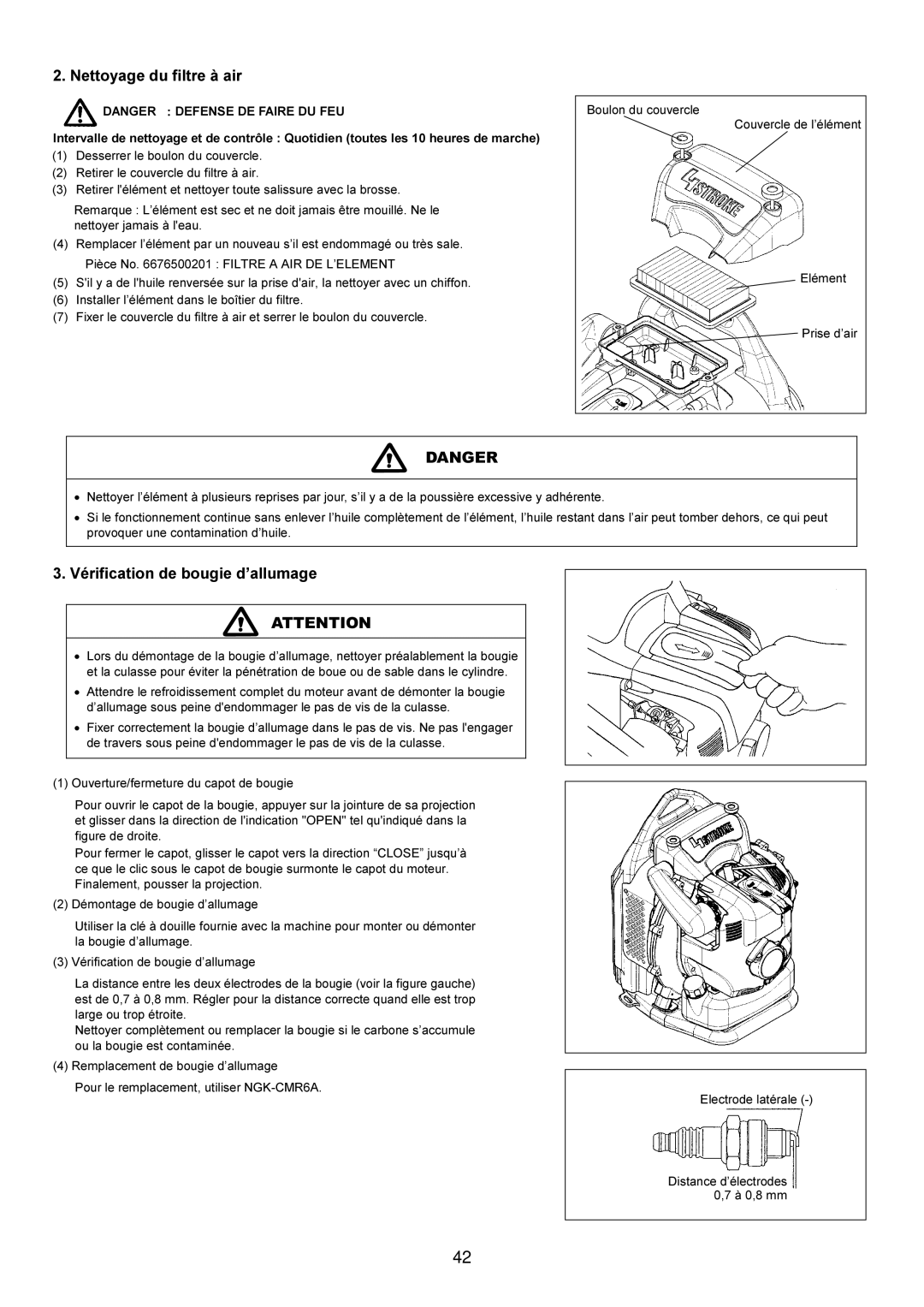 Makita BBX7600CA instruction manual Nettoyage du filtre à air, Vérification de bougie d’allumage 