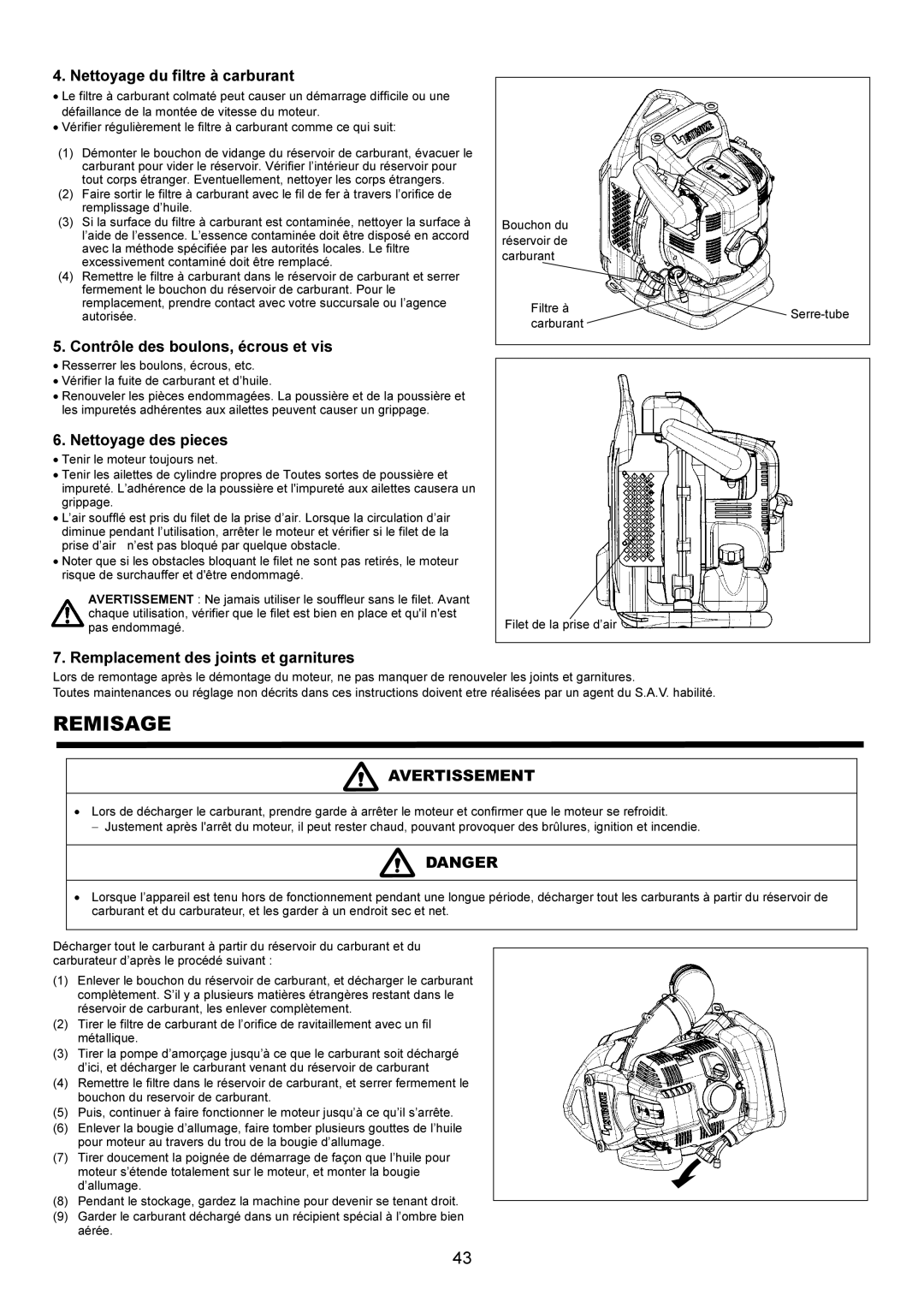 Makita BBX7600CA Remisage, Nettoyage du filtre à carburant, Contrôle des boulons, écrous et vis, Nettoyage des pieces 