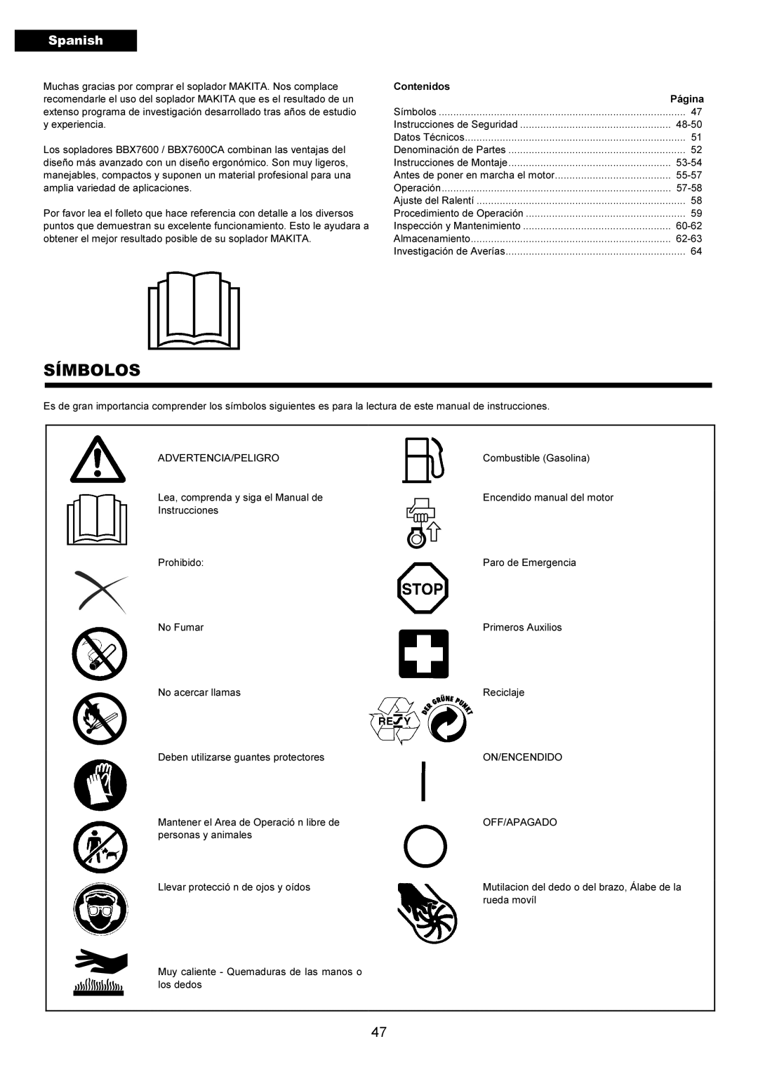 Makita BBX7600CA instruction manual Símbolos, Spanish 