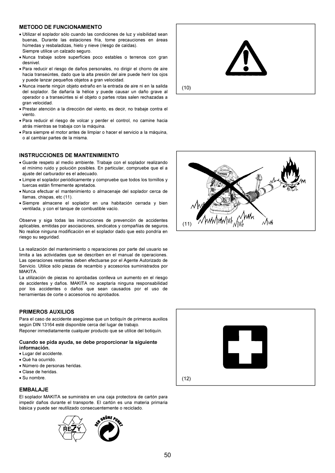 Makita BBX7600CA Metodo DE Funcionamiento, Instrucciones DE Mantenimiento, Primeros Auxilios, Embalaje 