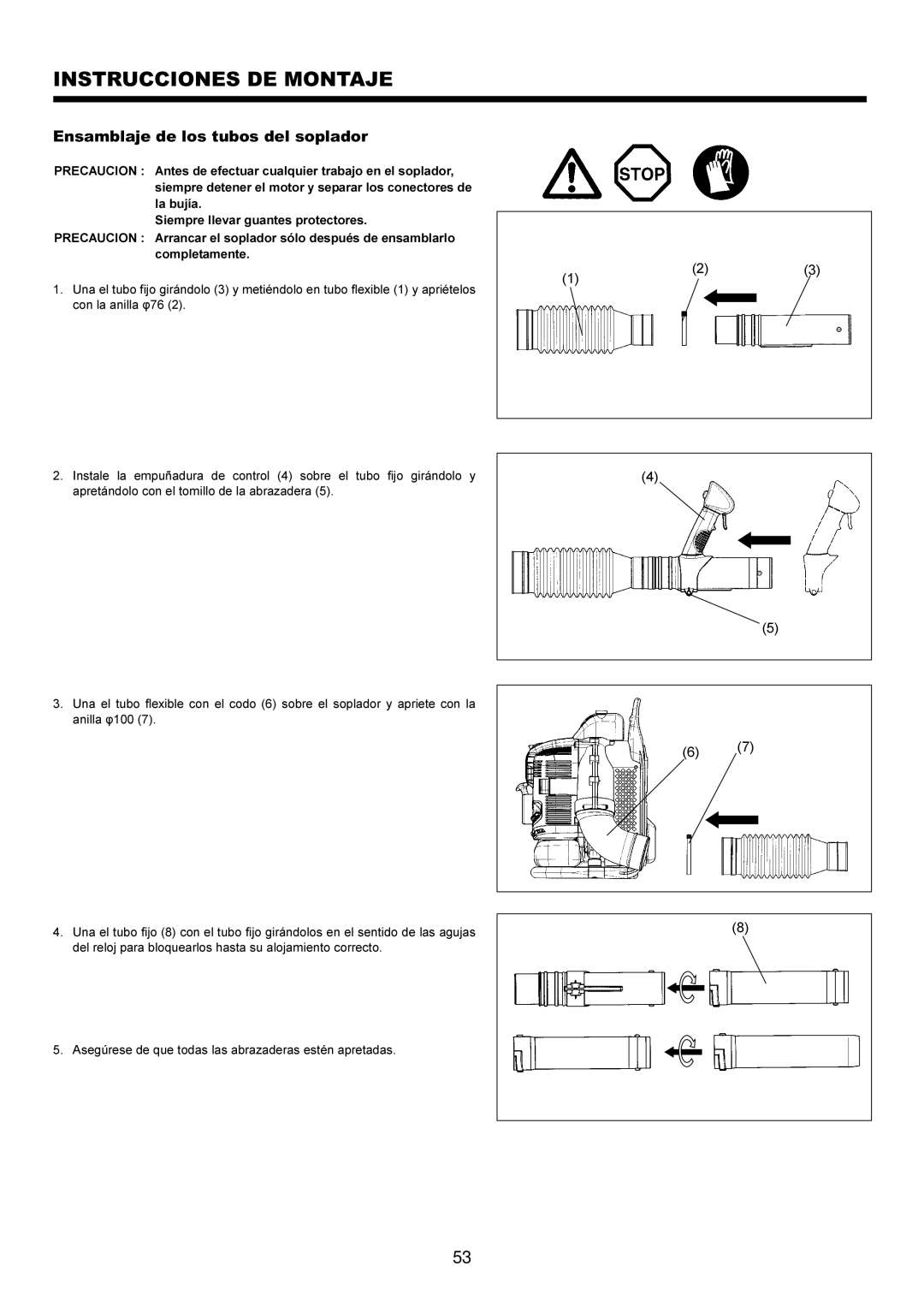 Makita BBX7600CA instruction manual Instrucciones DE Montaje, Ensamblaje de los tubos del soplador 