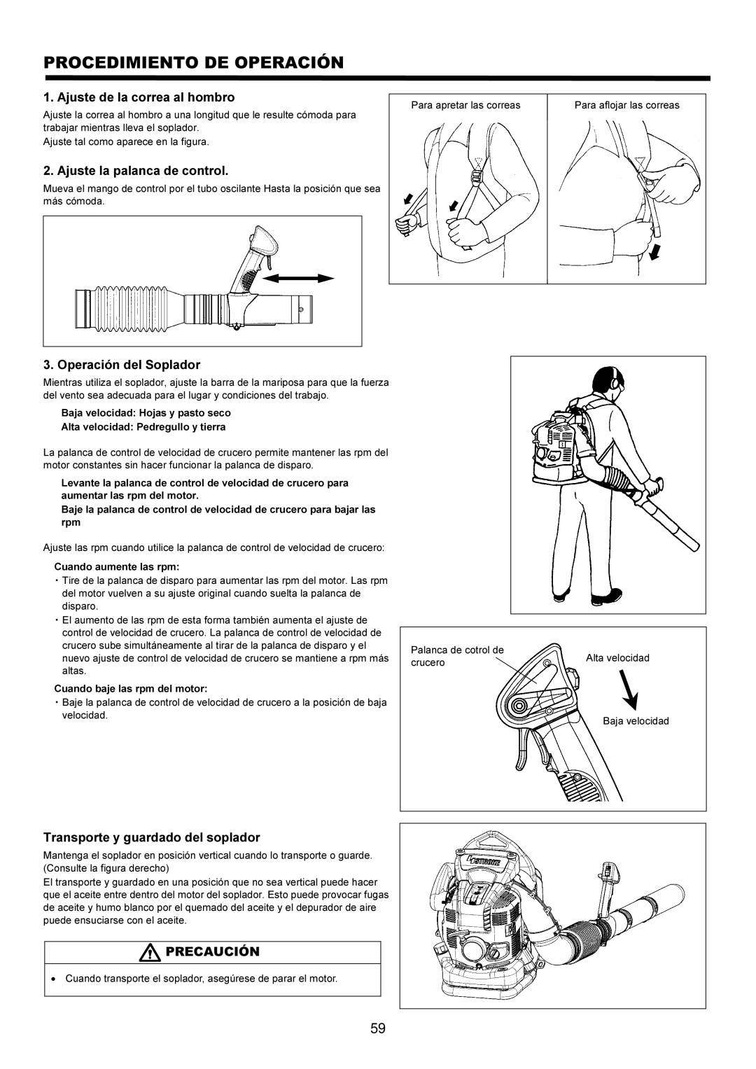 Makita BBX7600CA instruction manual Procedimiento DE Operación, Ajuste de la correa al hombro, Ajuste la palanca de control 