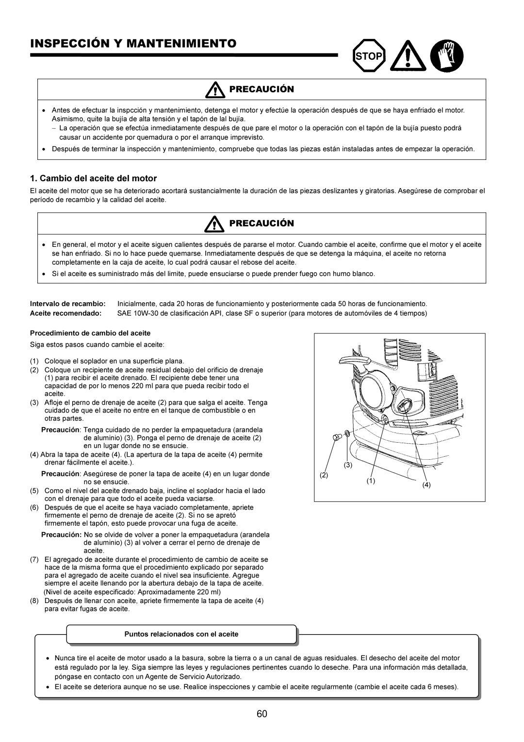 Makita BBX7600CA instruction manual Inspección Y Mantenimiento, Cambio del aceite del motor 