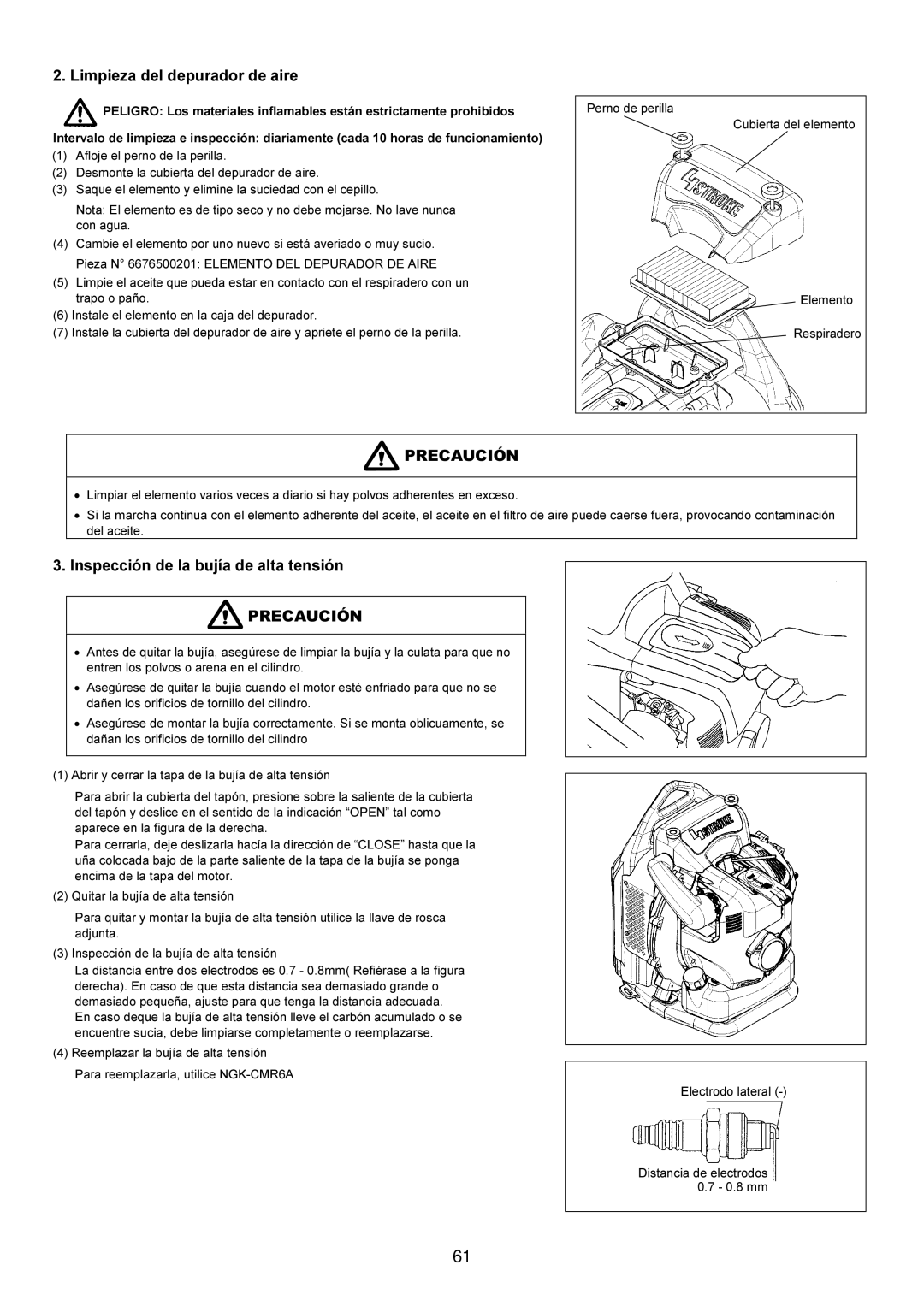 Makita BBX7600CA instruction manual Limpieza del depurador de aire, Inspección de la bujía de alta tensión 